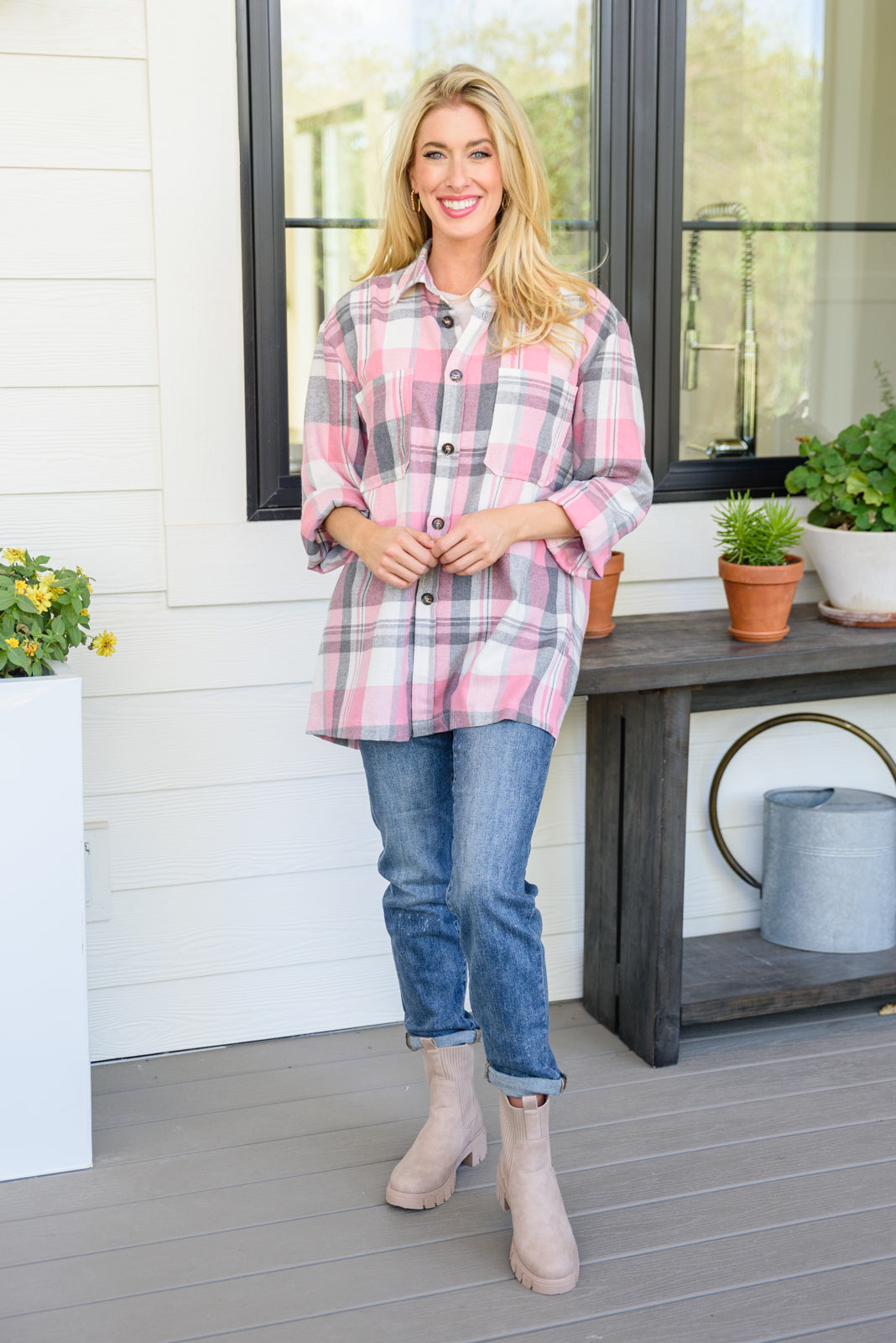 Go For It Oversize Plaid Flannel Shacket In Pink