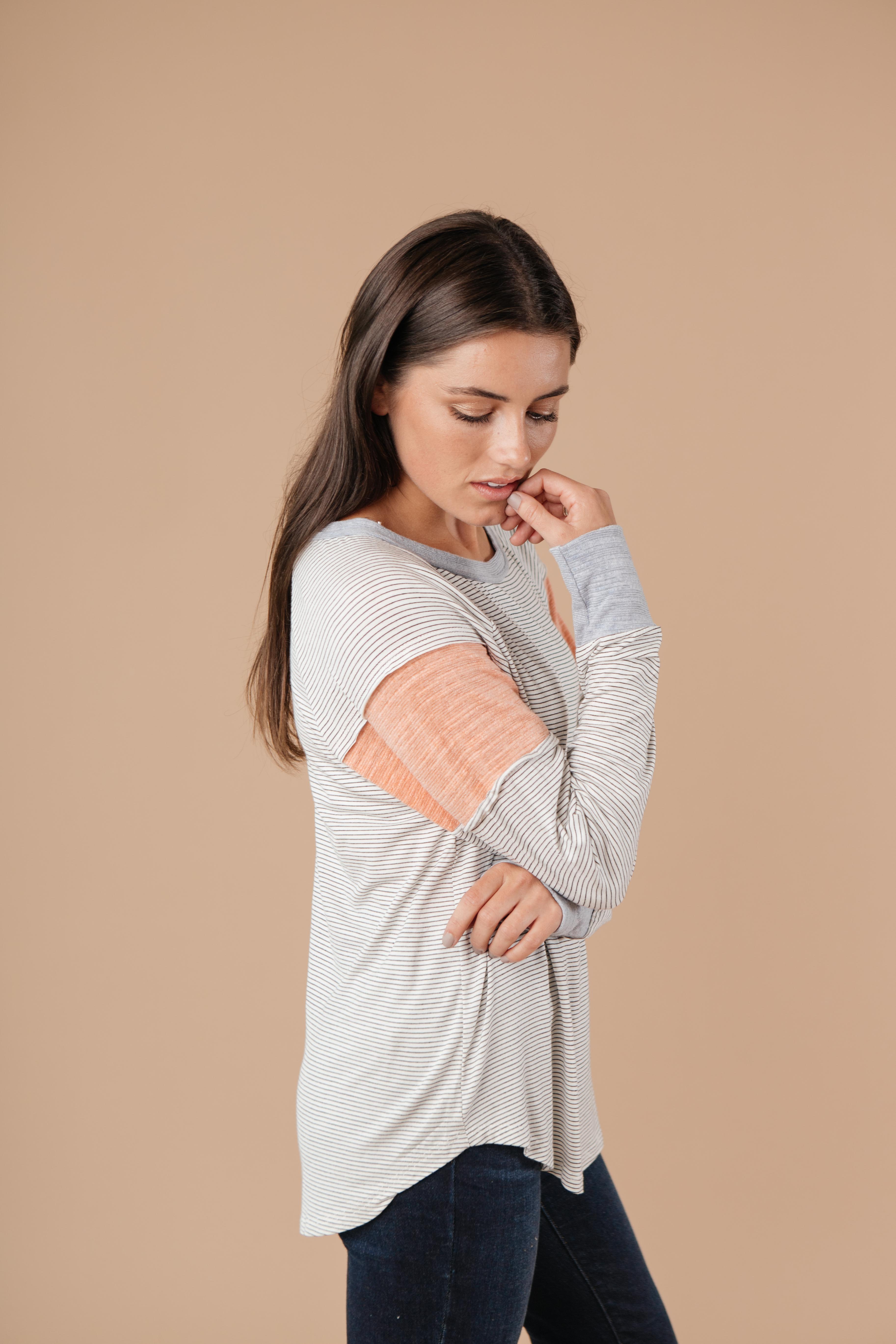 Home Base Contrast Long Sleeve Top In Heather Gray