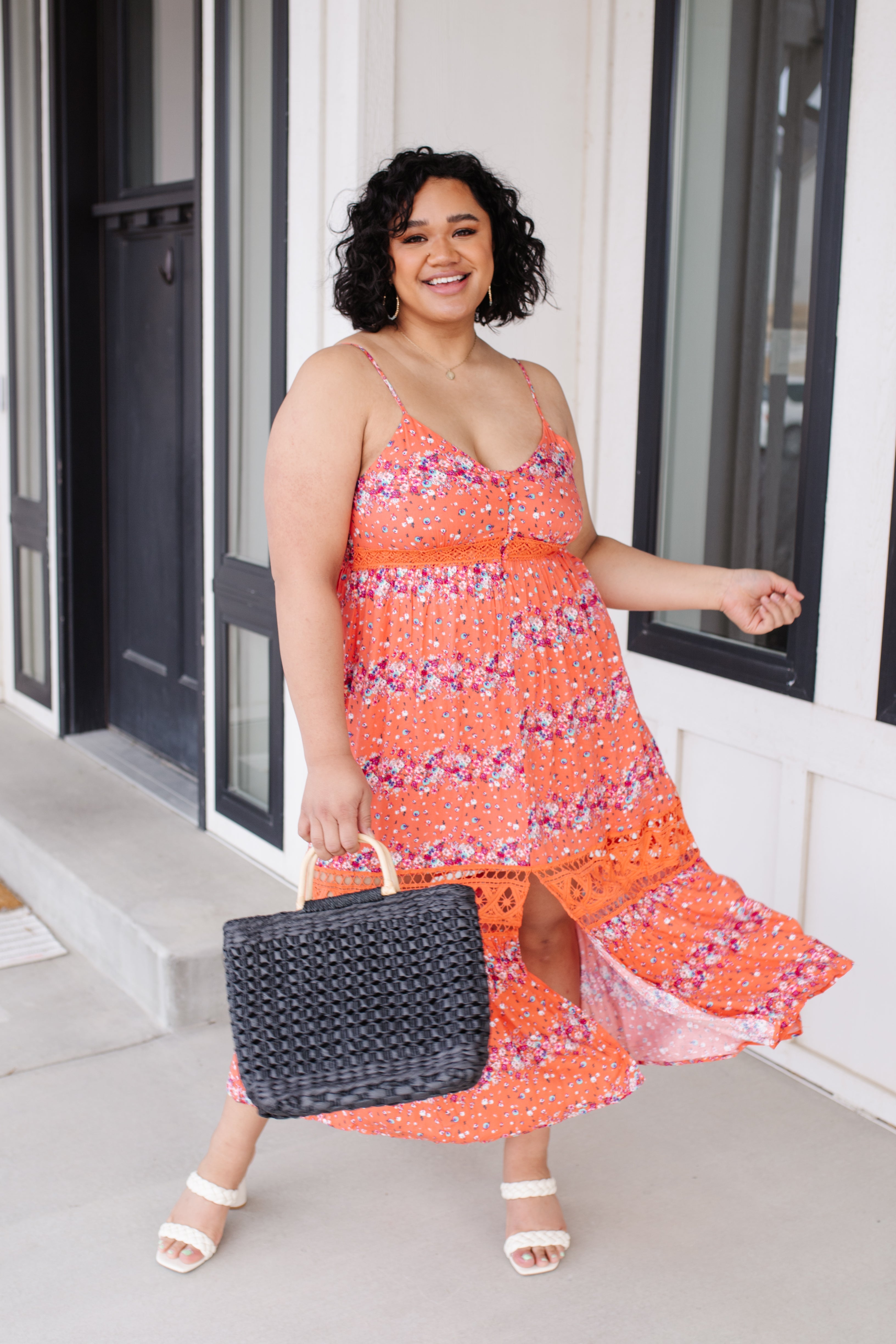 Stripes In Bloom Dress in Coral