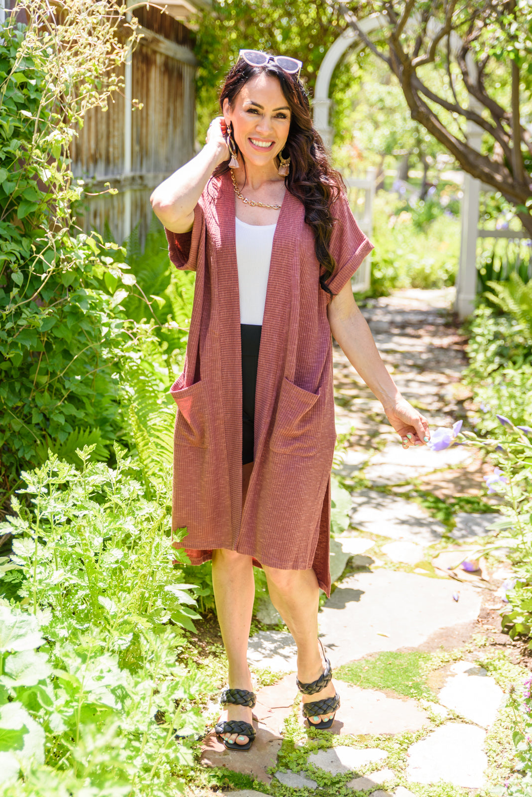 Light Breeze Short Sleeve Cardigan In Dark Mauve