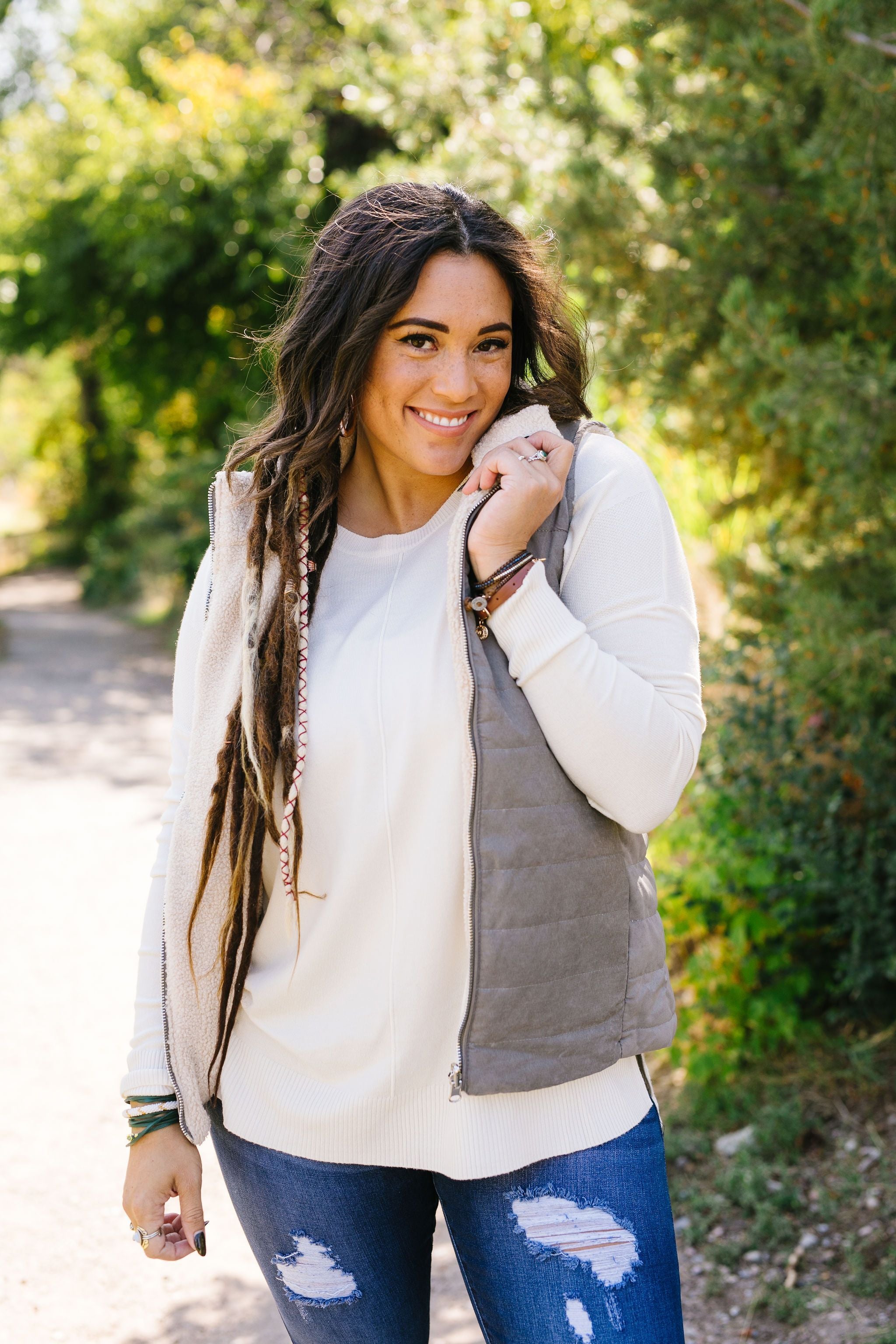 Reversible Shearling Puffer Vest In Mocha Gray