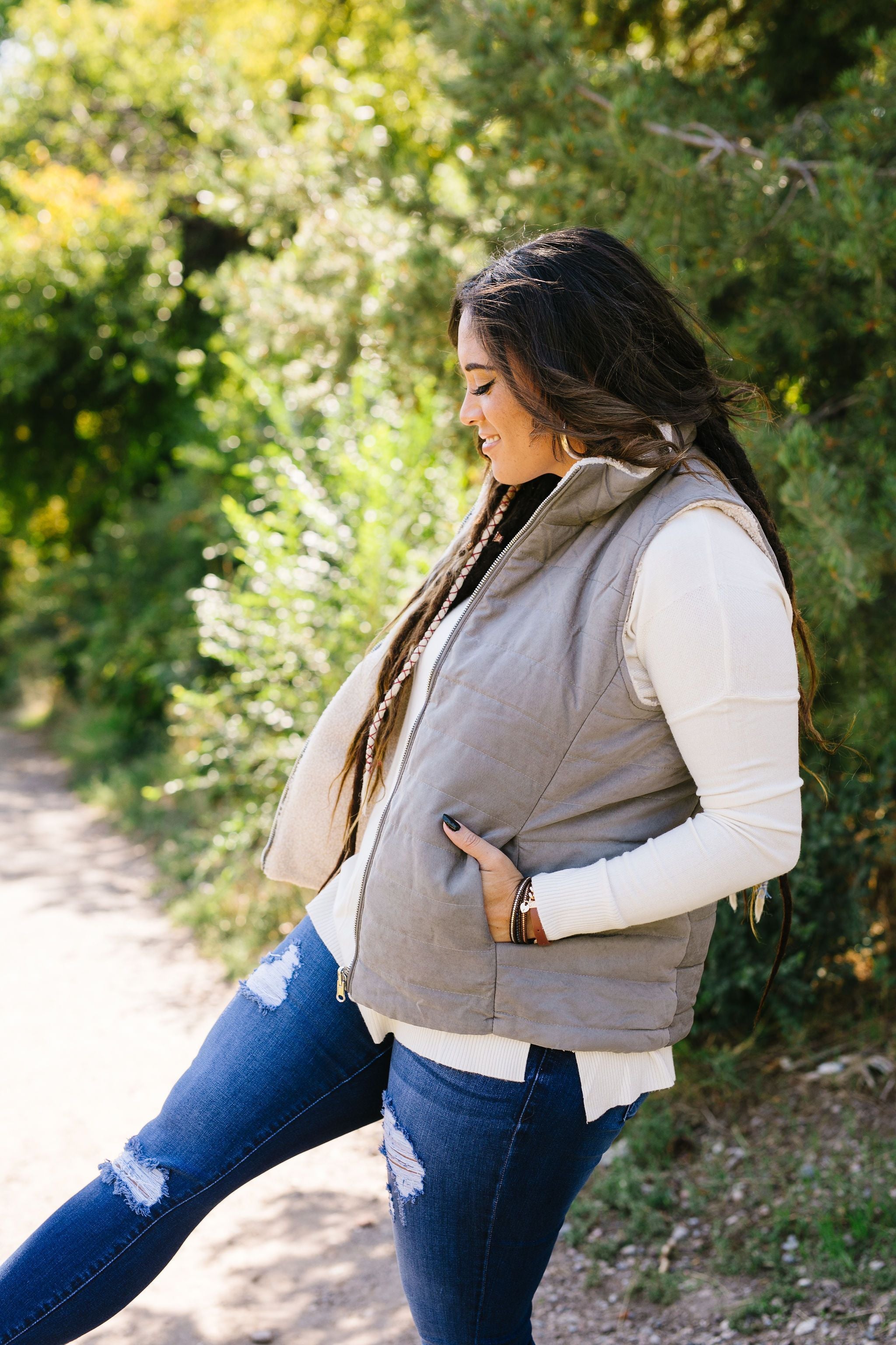 Reversible Shearling Puffer Vest In Mocha Gray