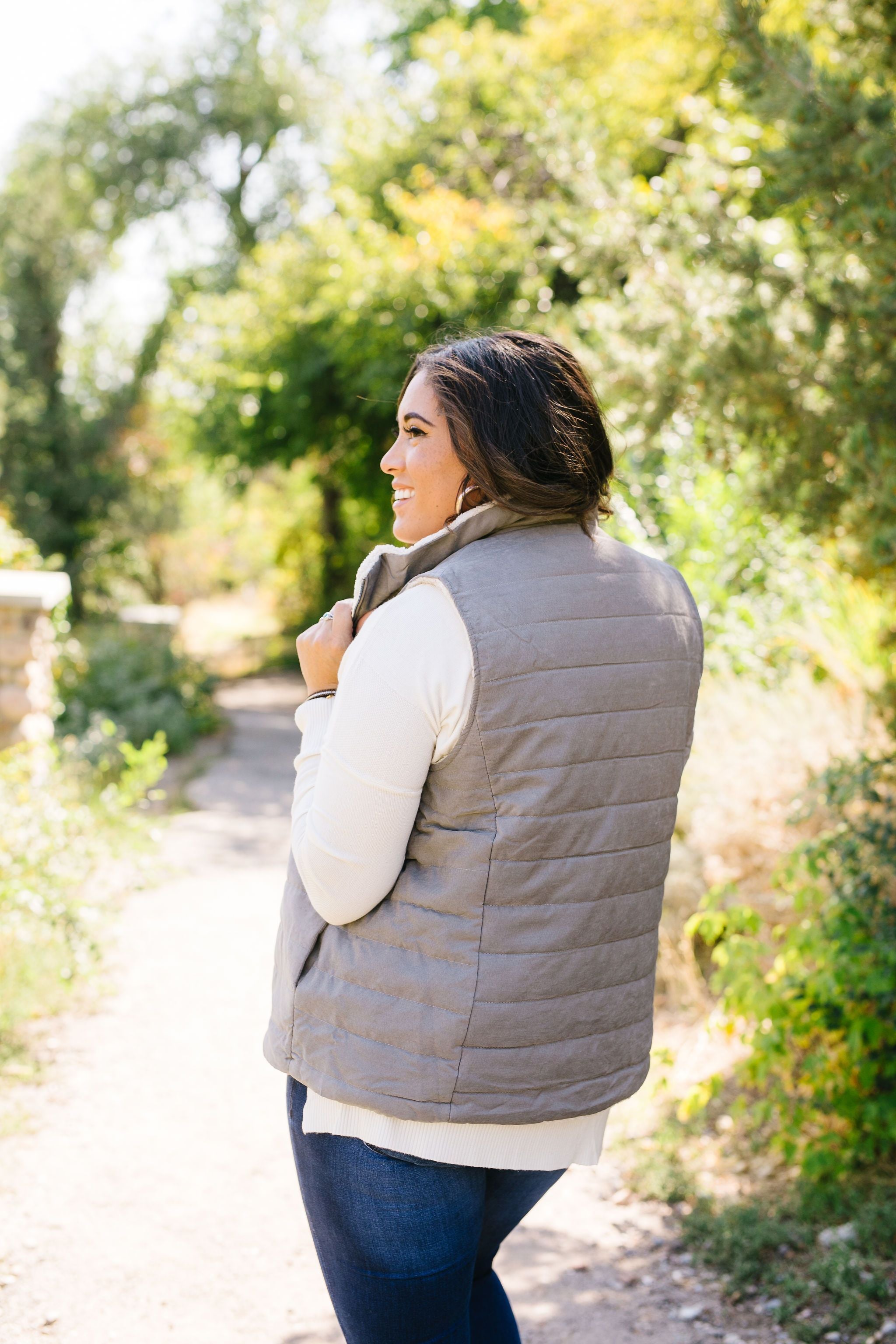 Reversible Shearling Puffer Vest In Mocha Gray