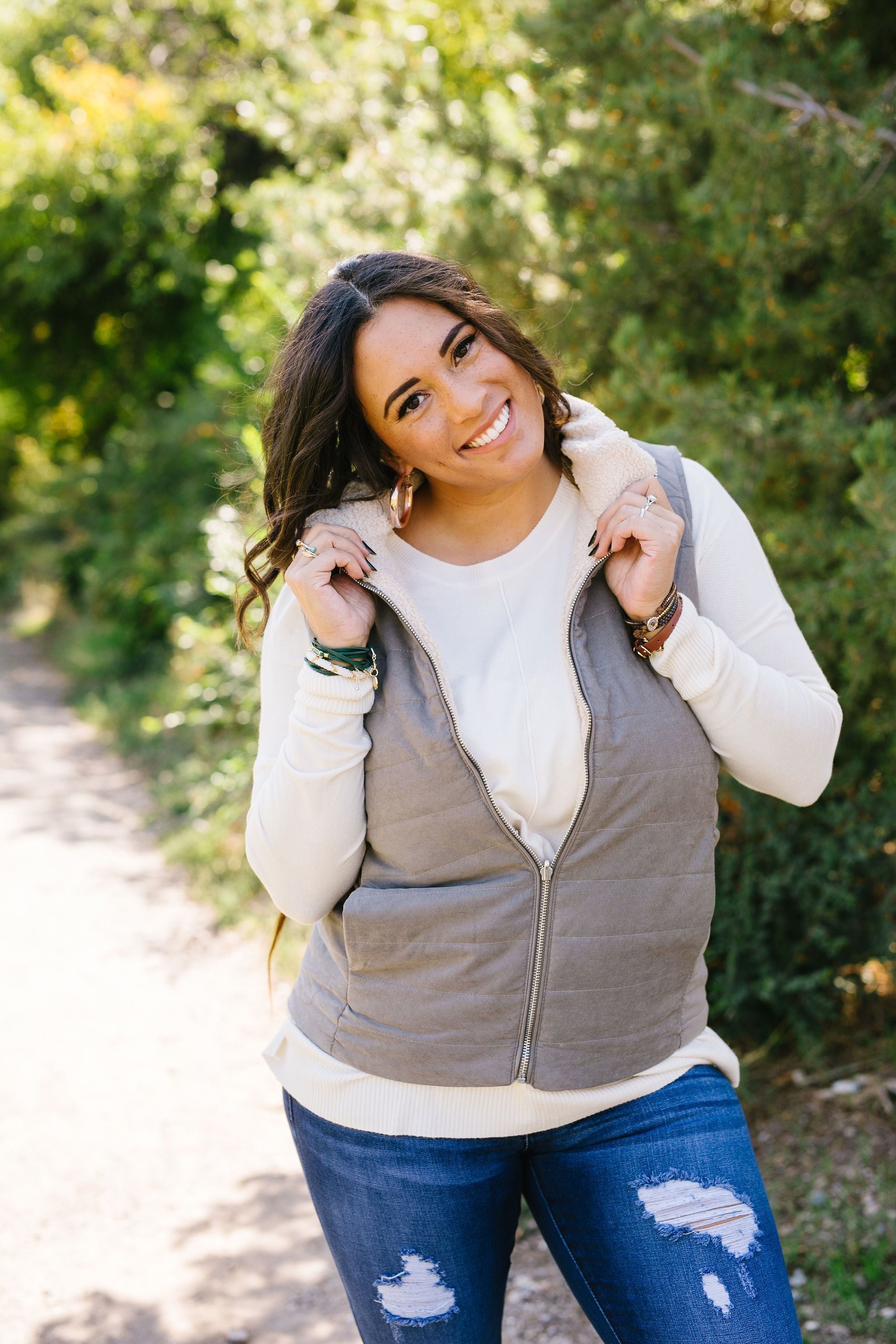 Reversible Shearling Puffer Vest In Mocha Gray