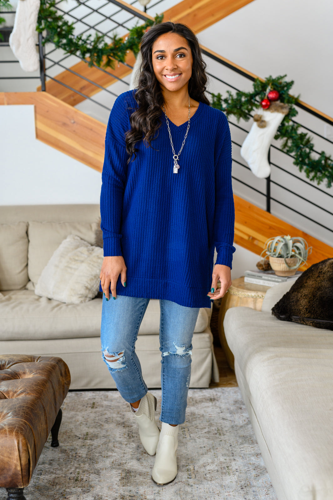 Stay The Night Waffle V-Neck Sweater