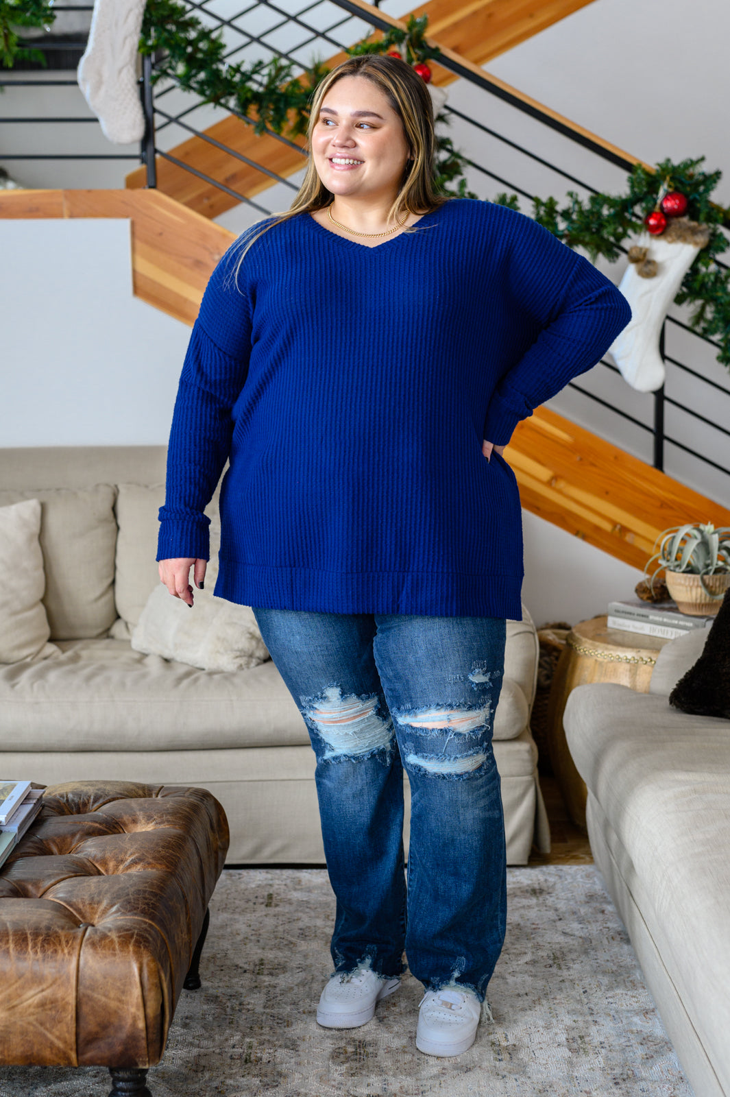 Stay The Night Waffle V-Neck Sweater