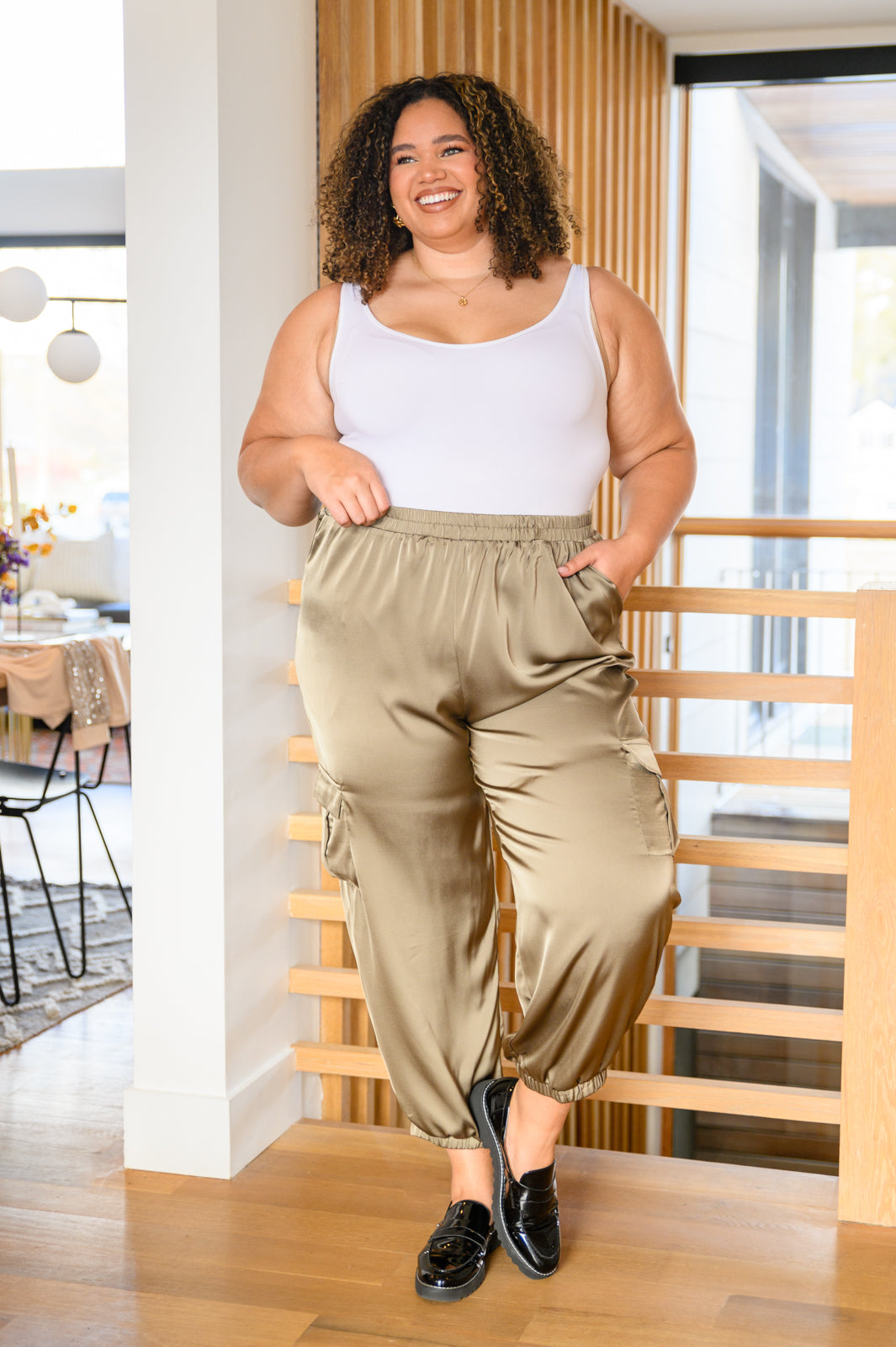 Steal The Night Olive Satin Cargo Pants