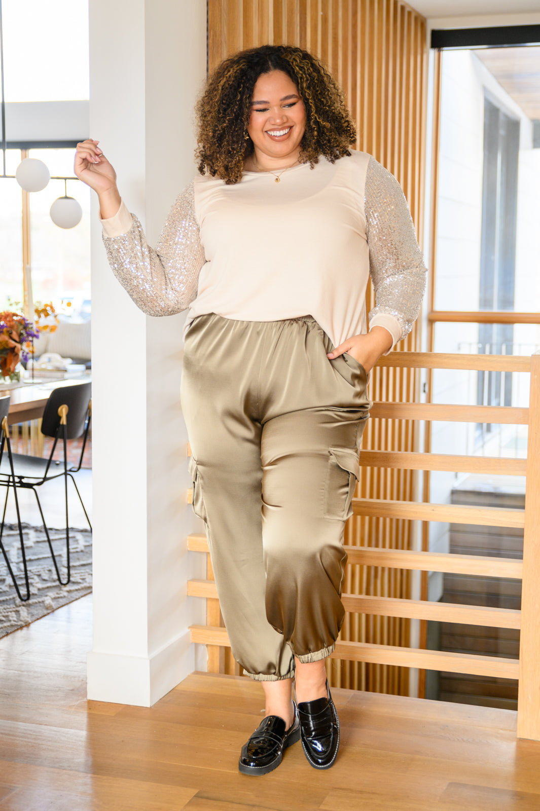 Steal The Night Olive Satin Cargo Pants