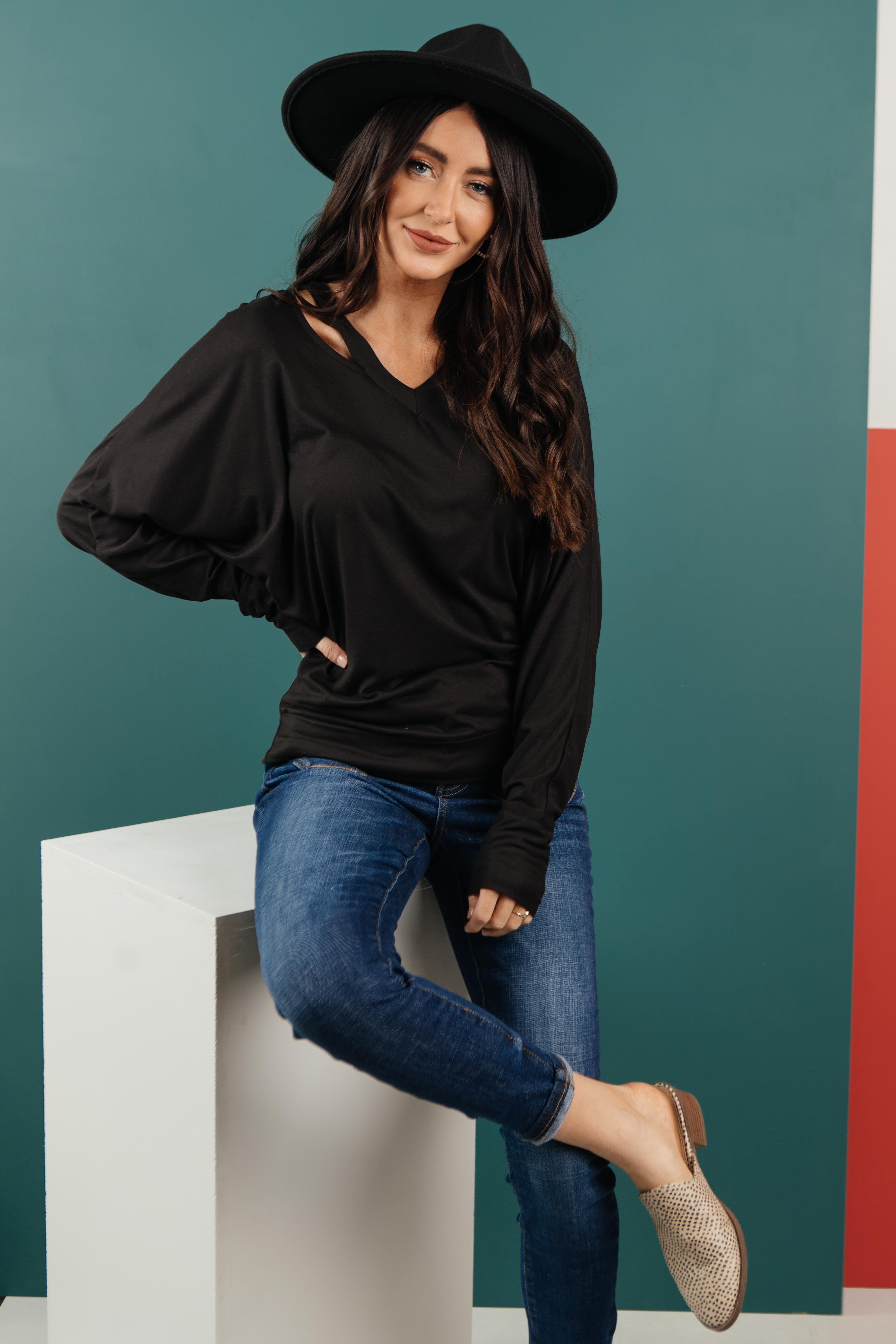 The Lillian Cut-Out Neckline Top in Black