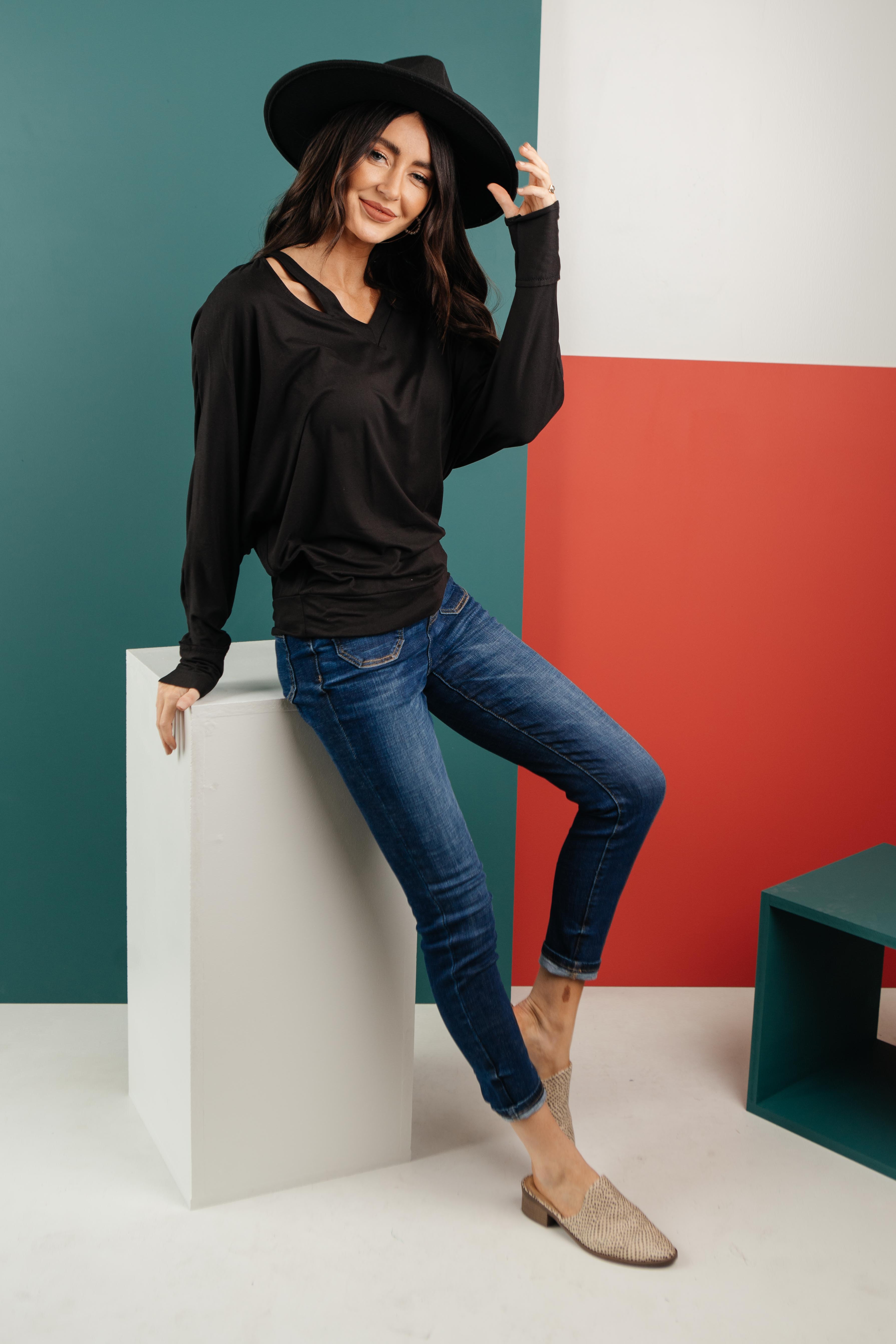 The Lillian Cut-Out Neckline Top in Black