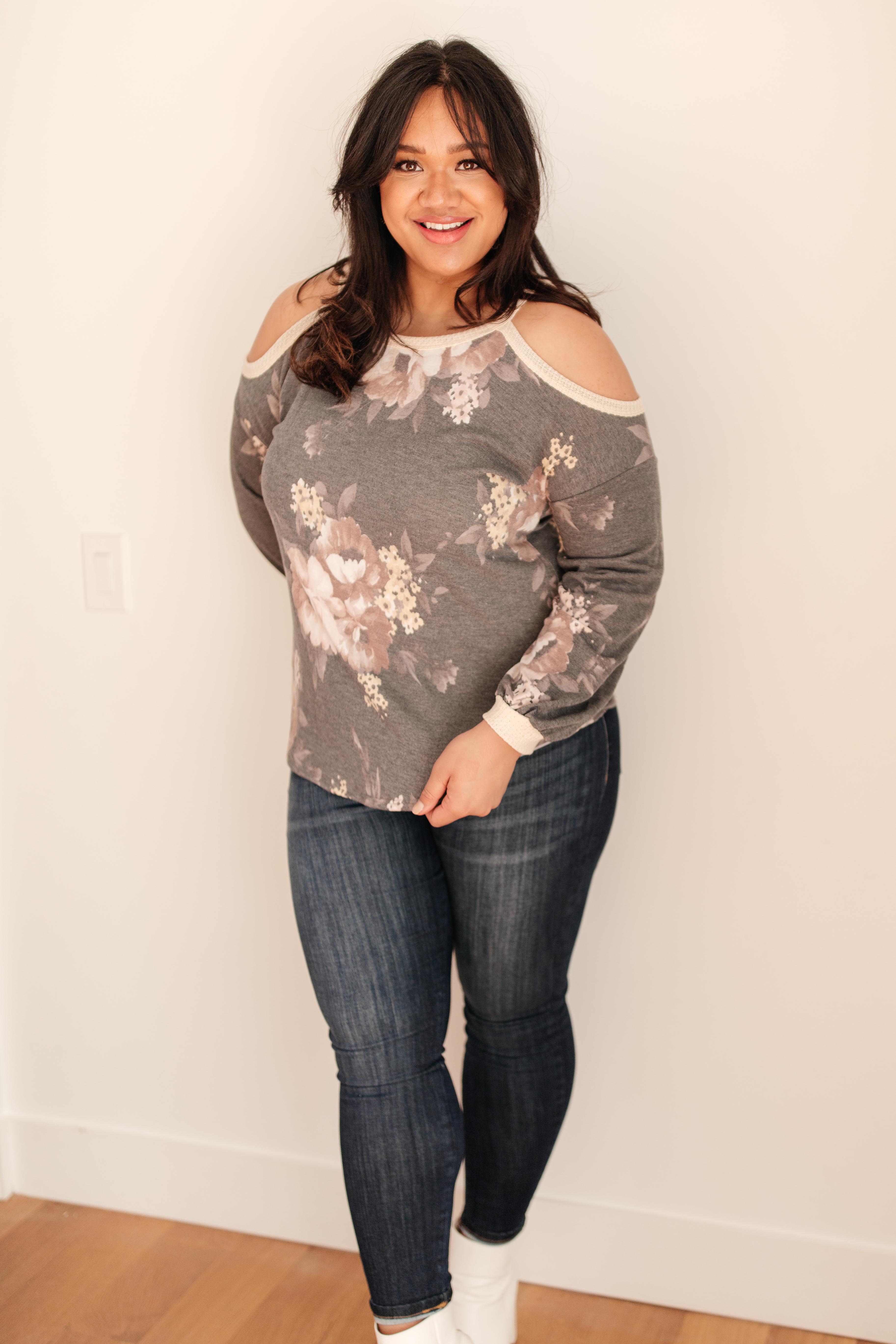 Waffle Meets Floral Top in Charcoal