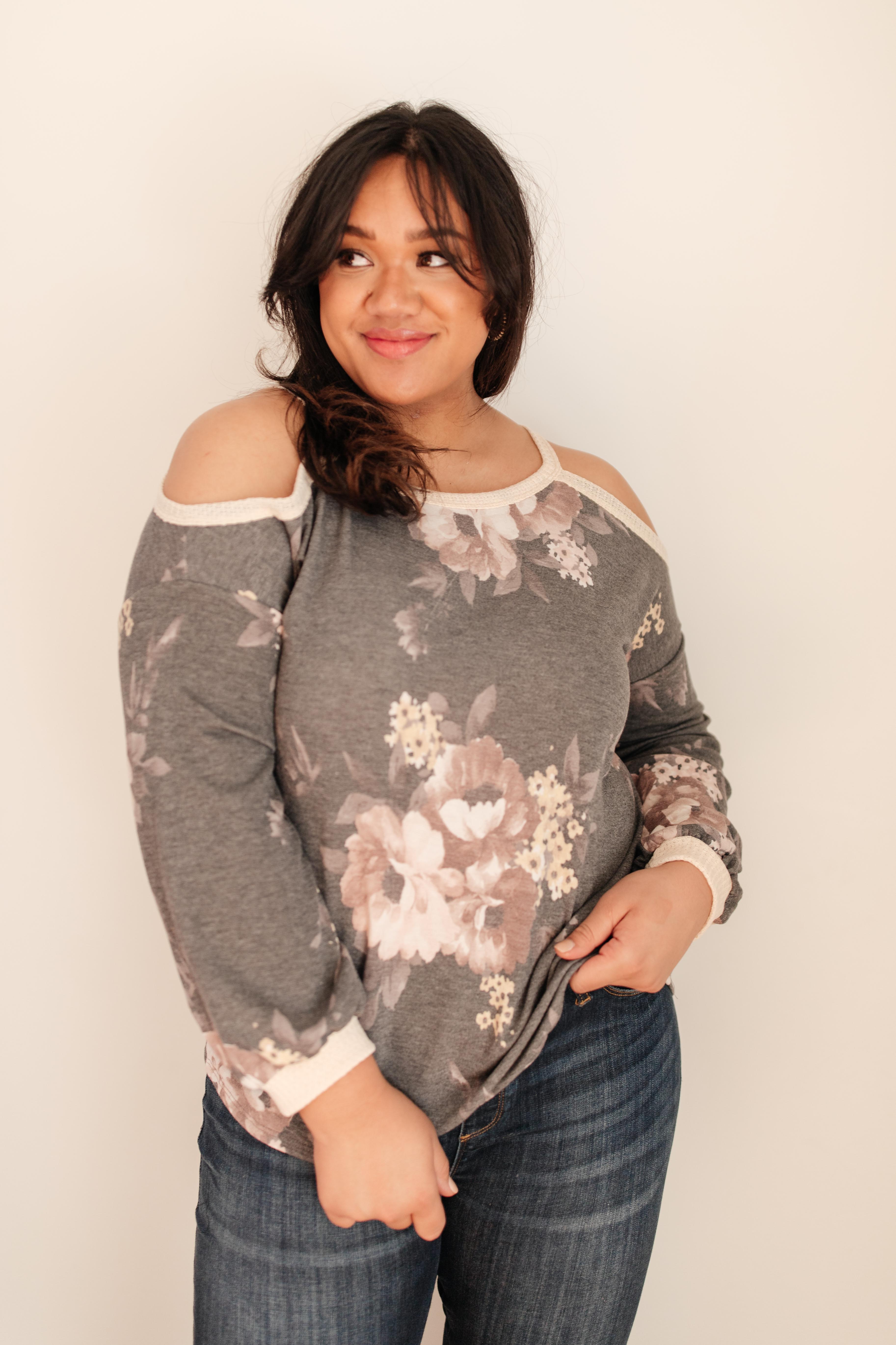 Waffle Meets Floral Top in Charcoal