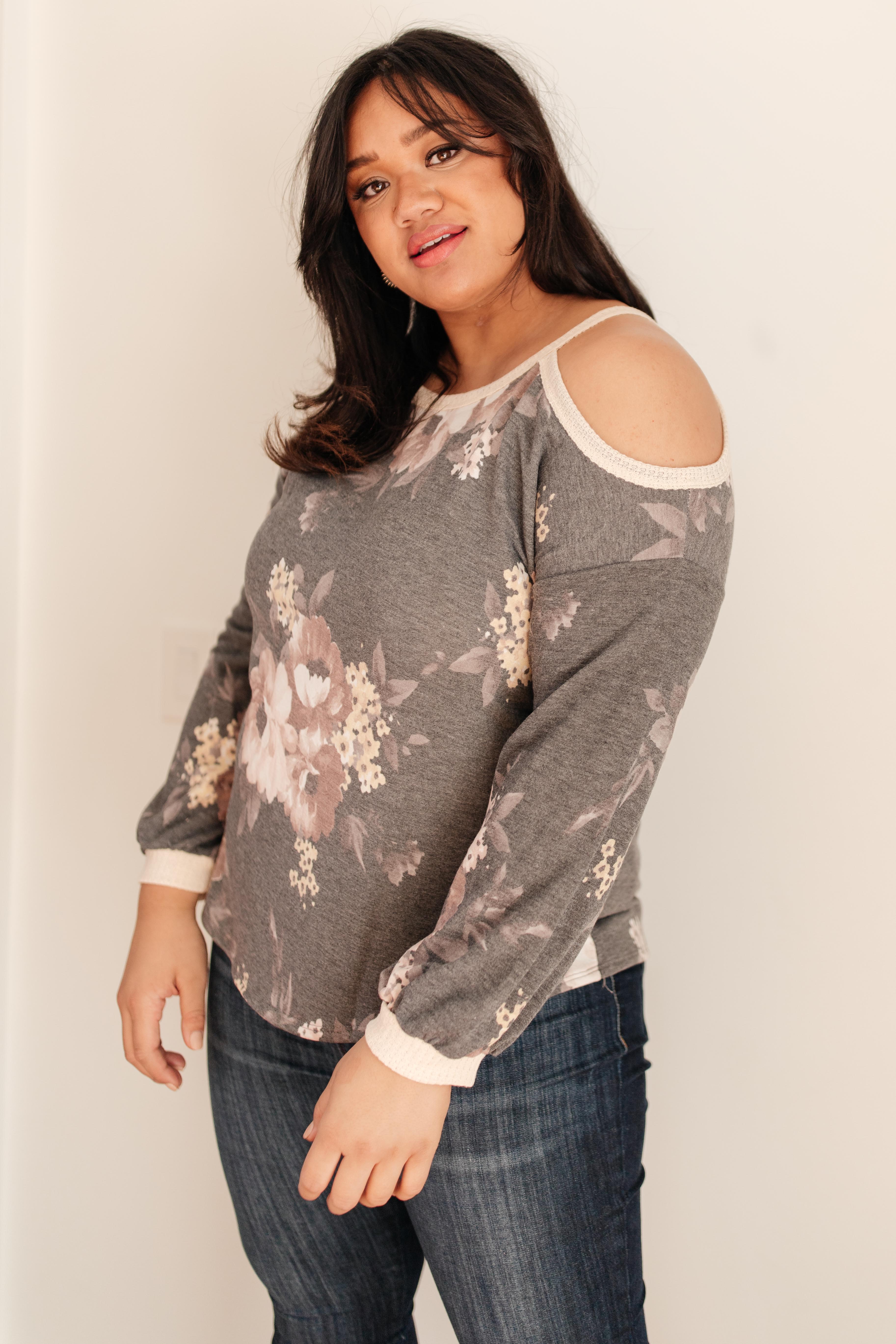 Waffle Meets Floral Top in Charcoal