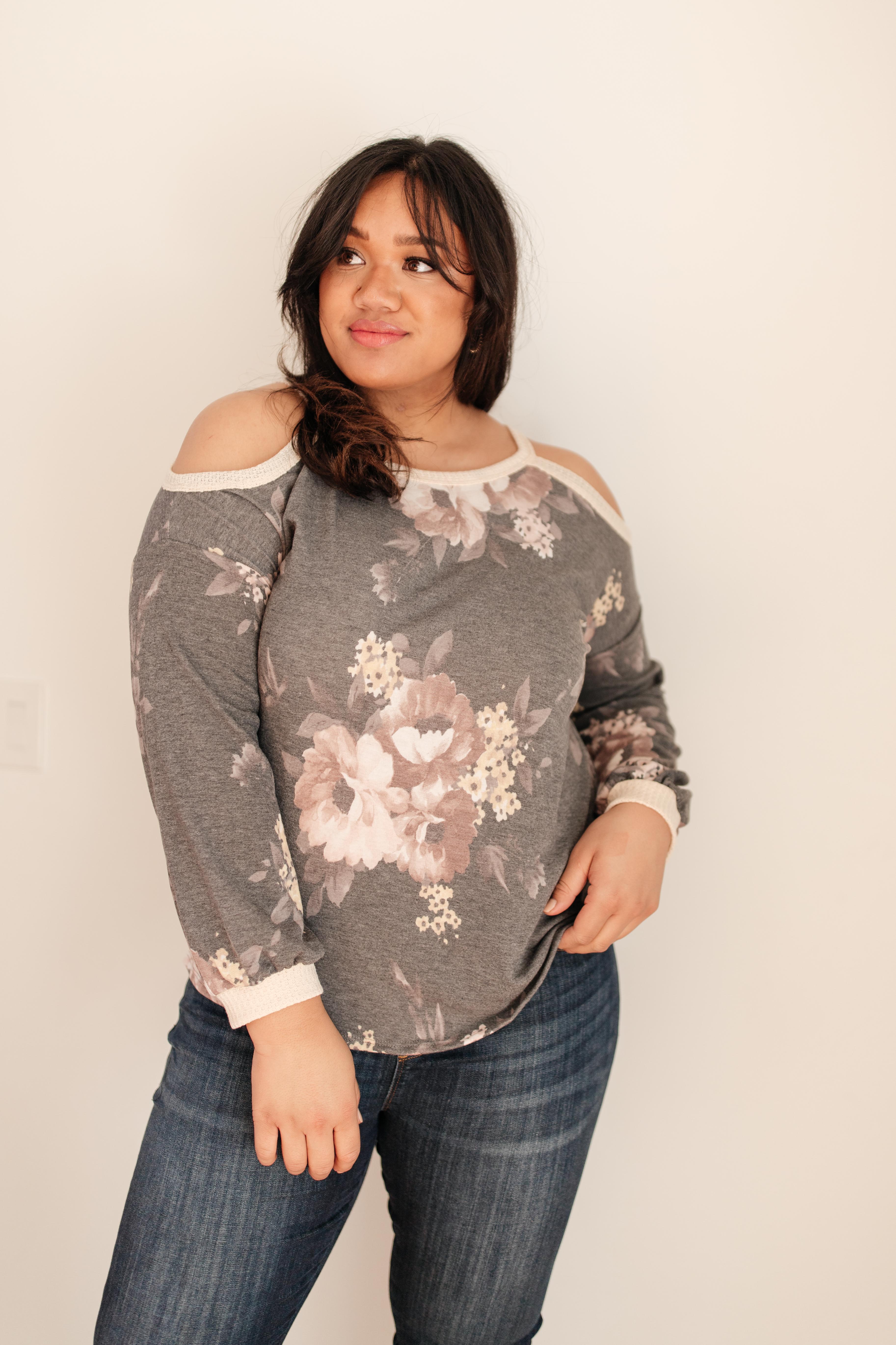 Waffle Meets Floral Top in Charcoal