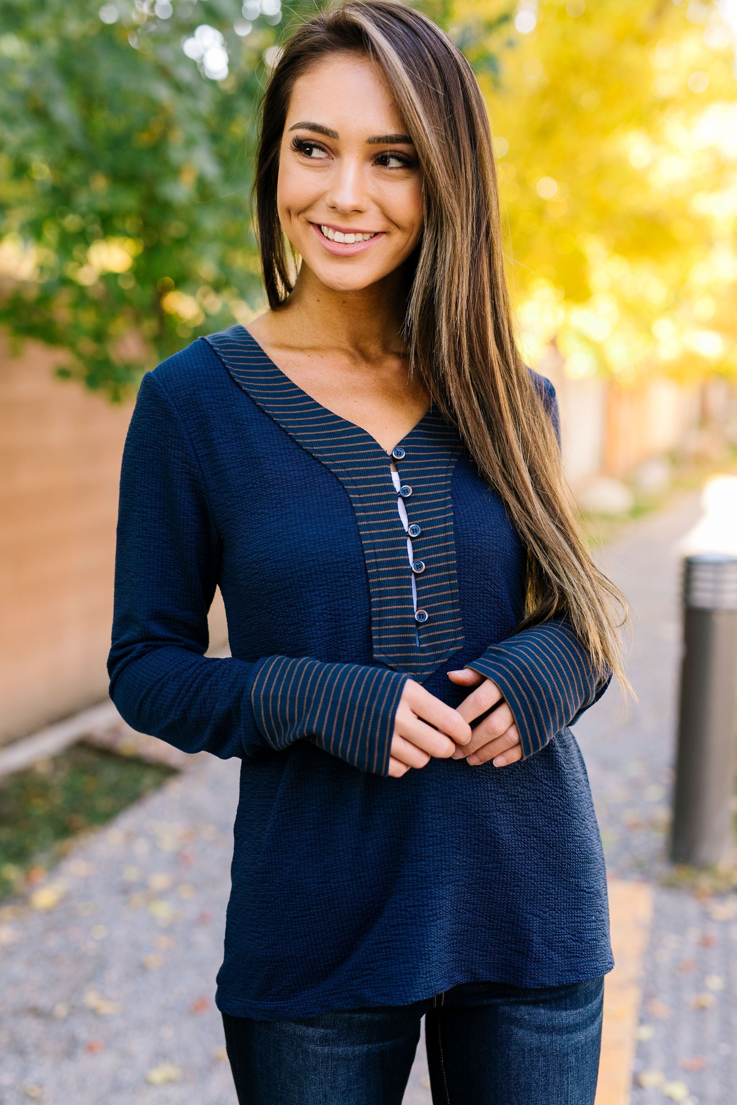 Accentuate The Positive Top In Navy - ALL SALES FINAL