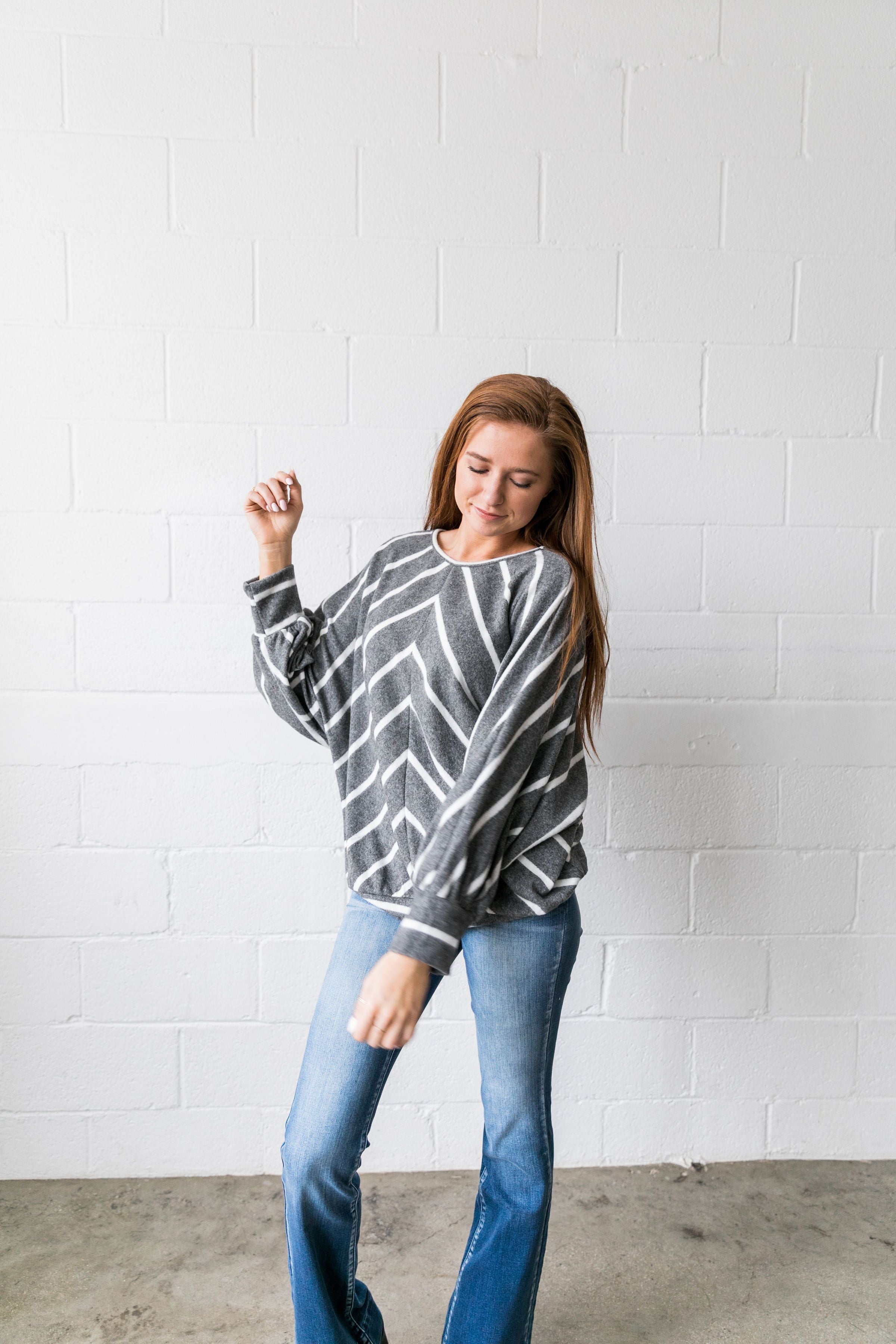 Aim Higher Chevron Striped Top In Charcoal - ALL SALES FINAL
