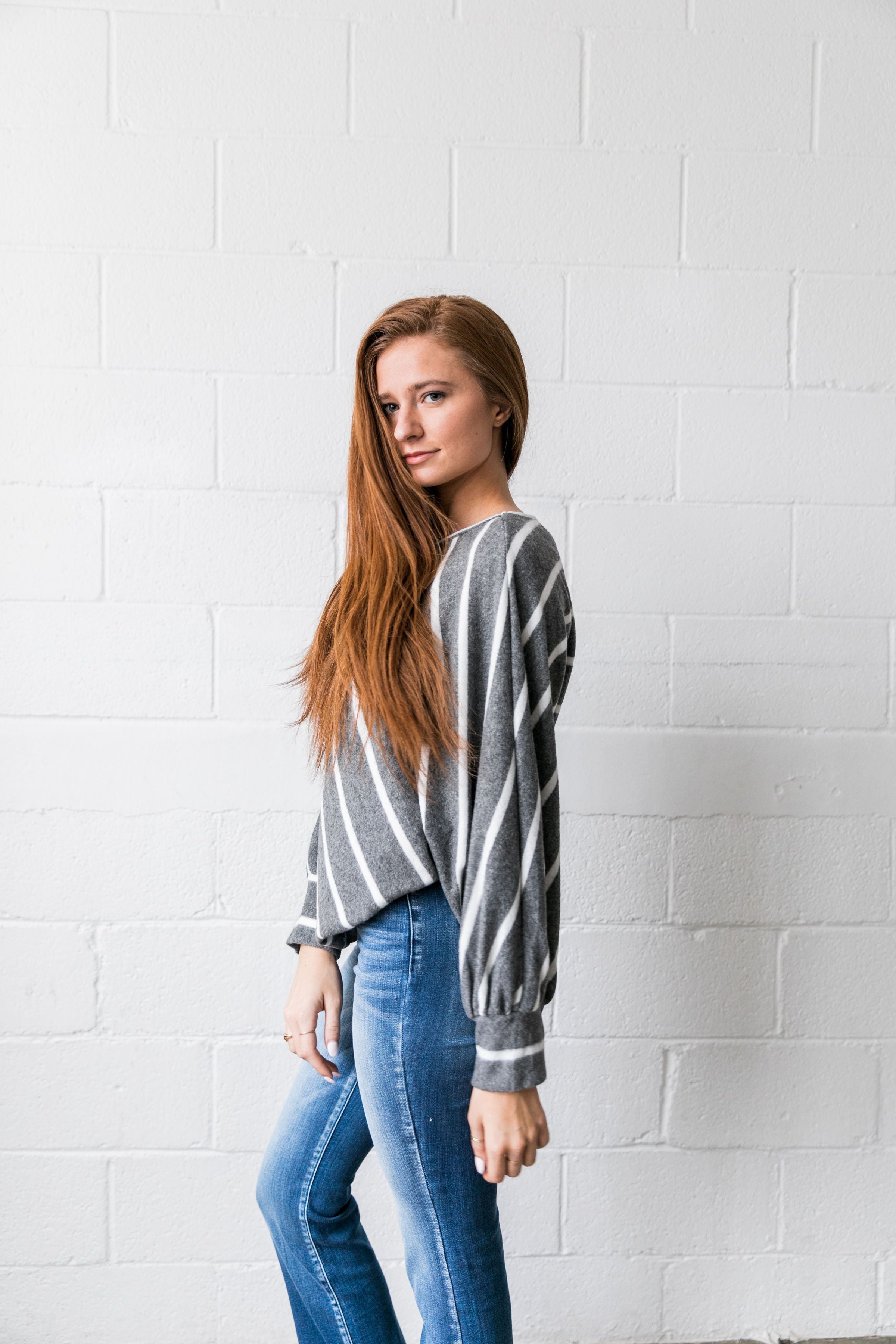 Aim Higher Chevron Striped Top In Charcoal - ALL SALES FINAL