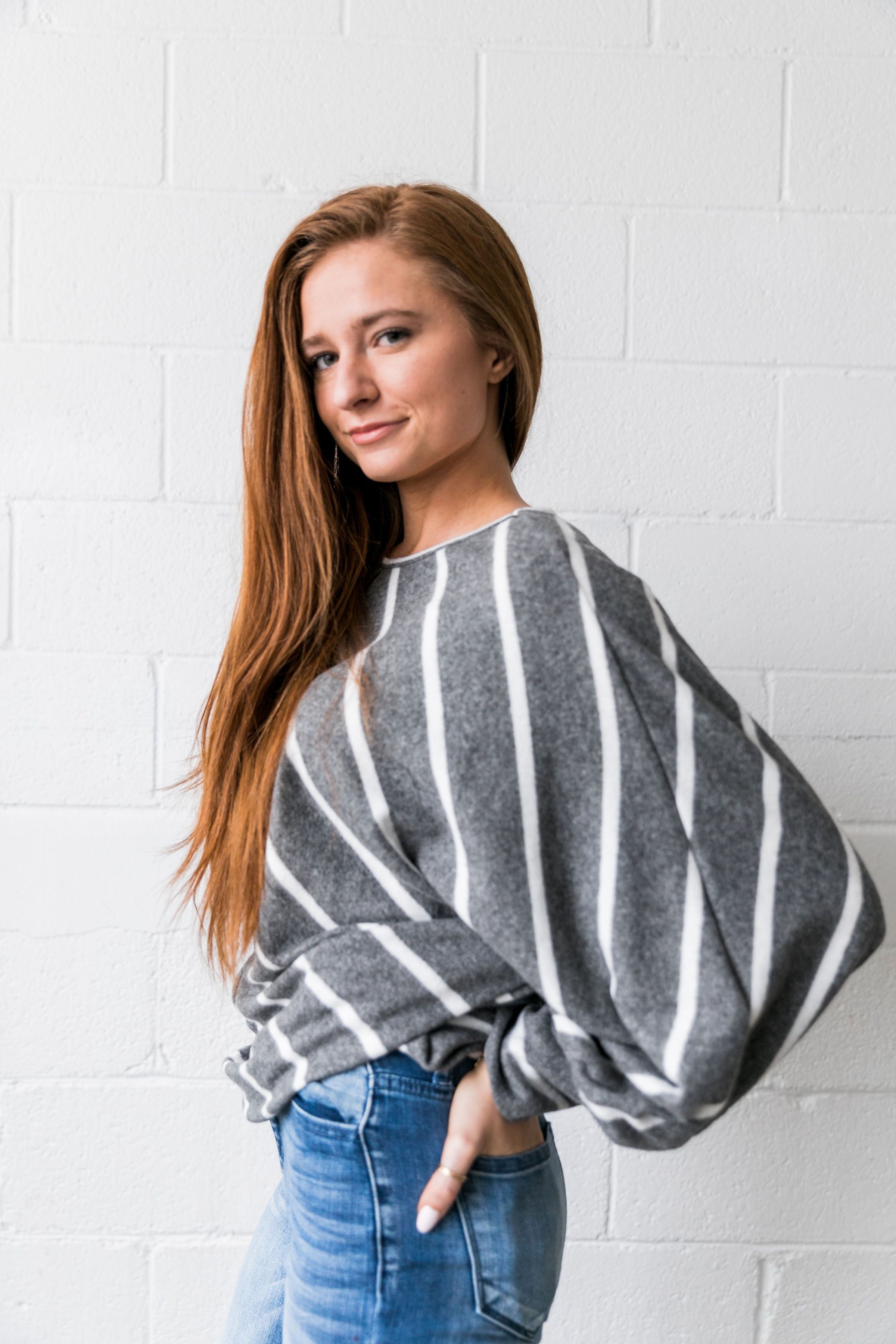 Aim Higher Chevron Striped Top In Charcoal - ALL SALES FINAL