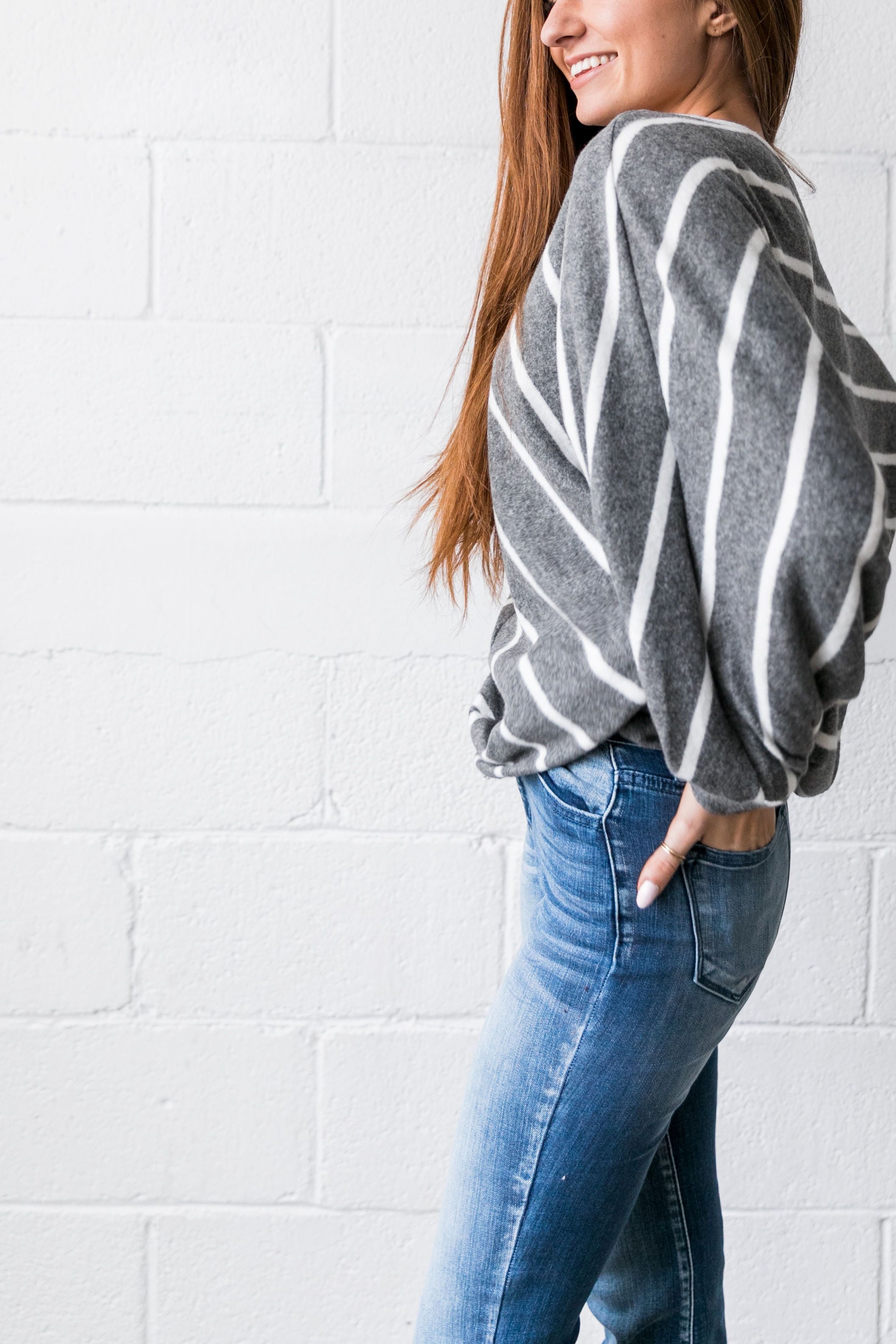 Aim Higher Chevron Striped Top In Charcoal - ALL SALES FINAL