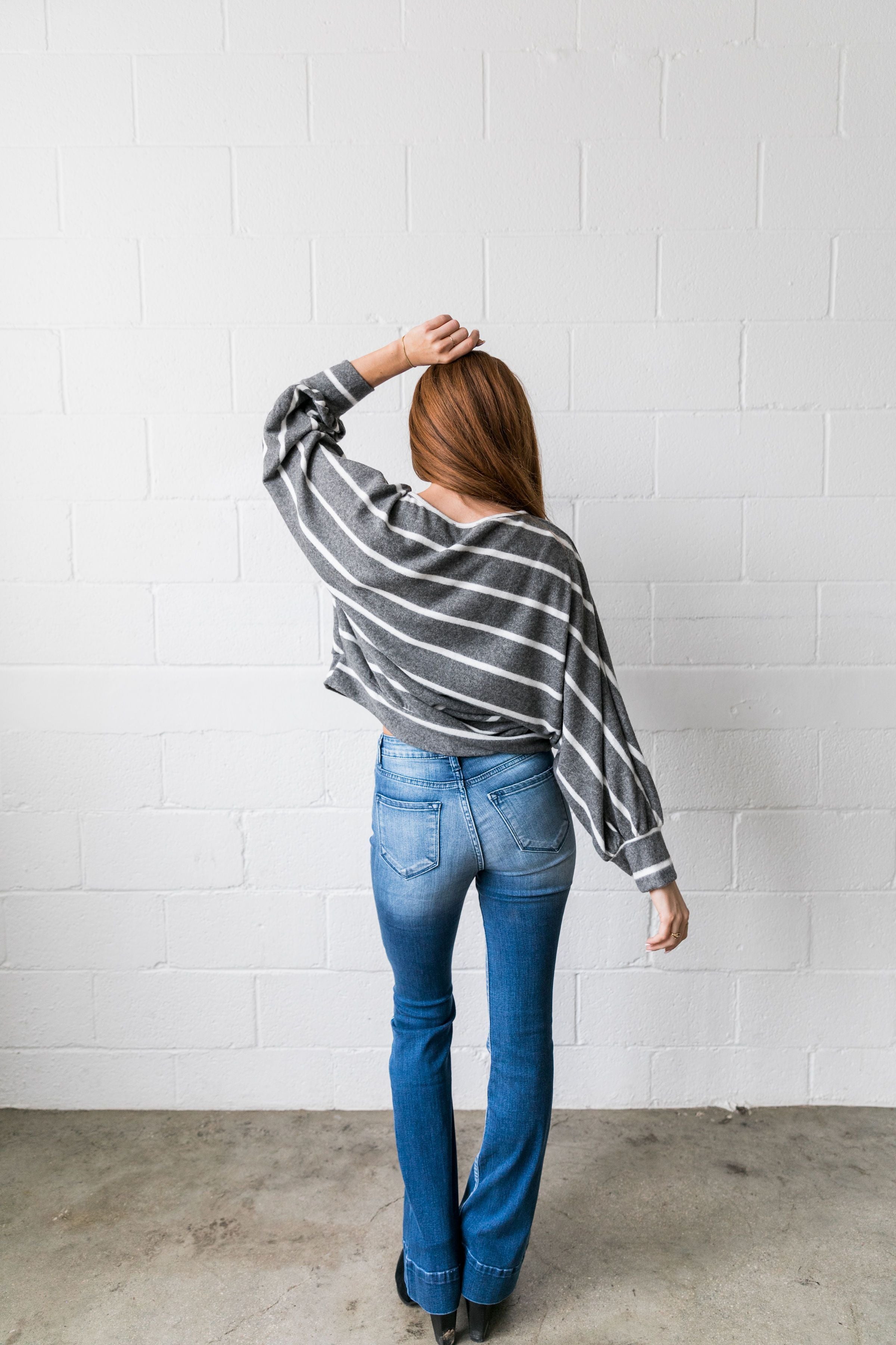 Aim Higher Chevron Striped Top In Charcoal - ALL SALES FINAL