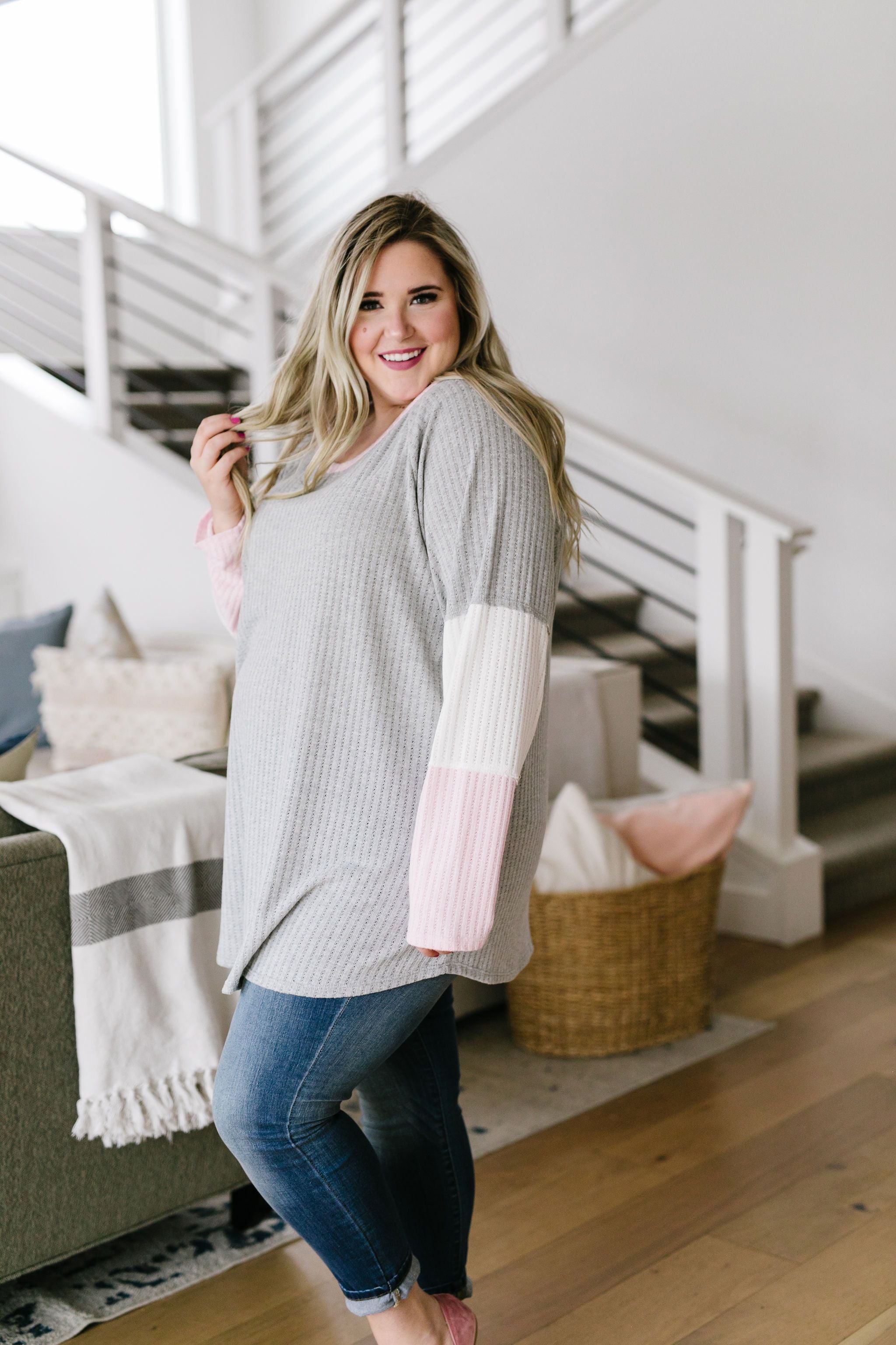 All Talk Ribbed Colorblock Top In Gray