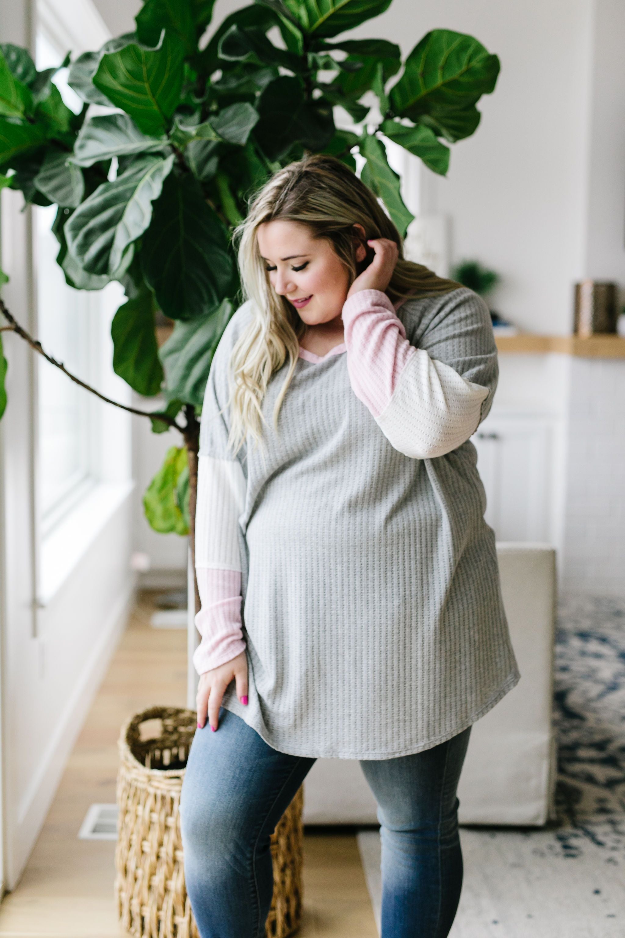All Talk Ribbed Colorblock Top In Gray