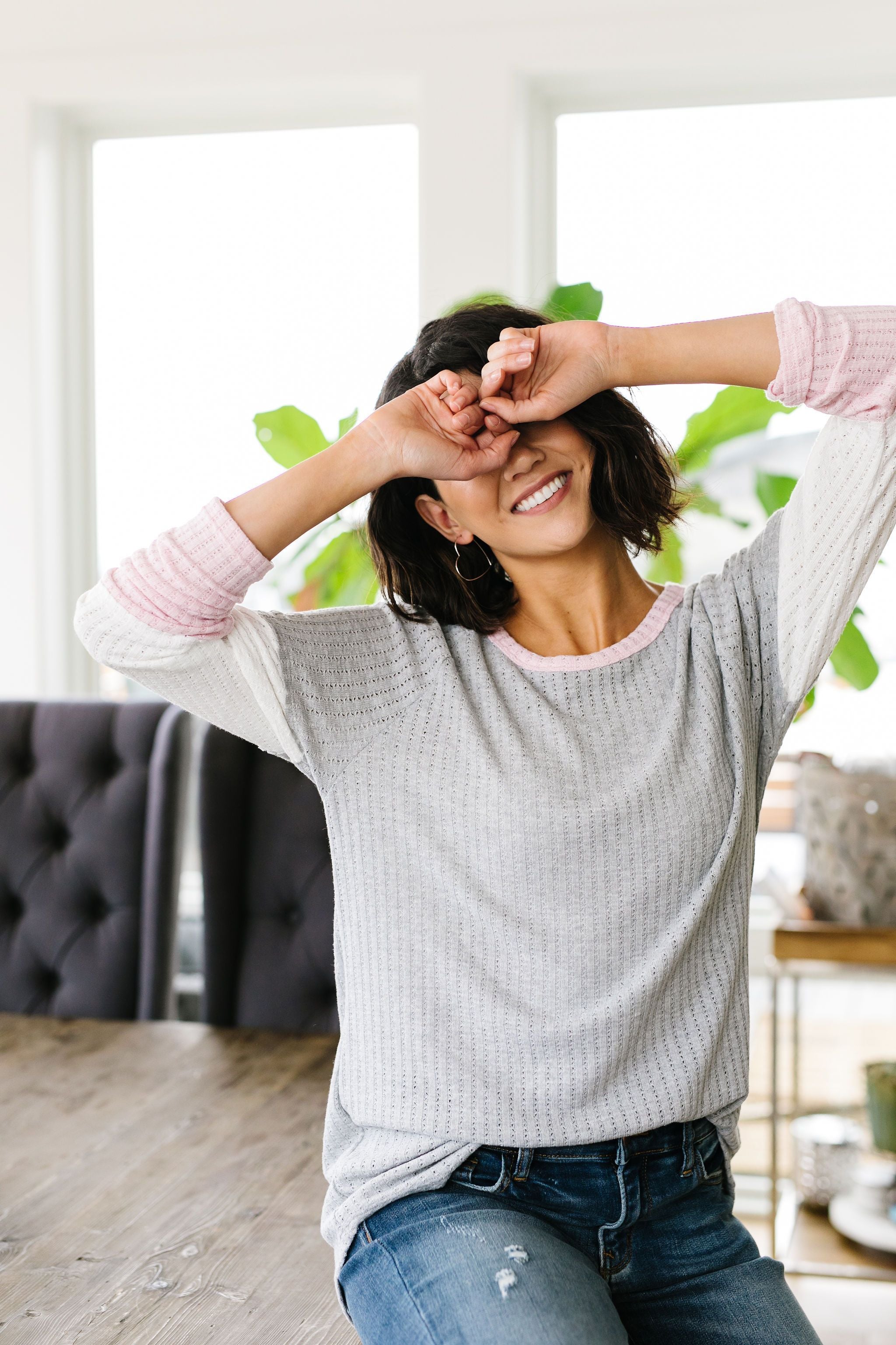 All Talk Ribbed Colorblock Top In Gray
