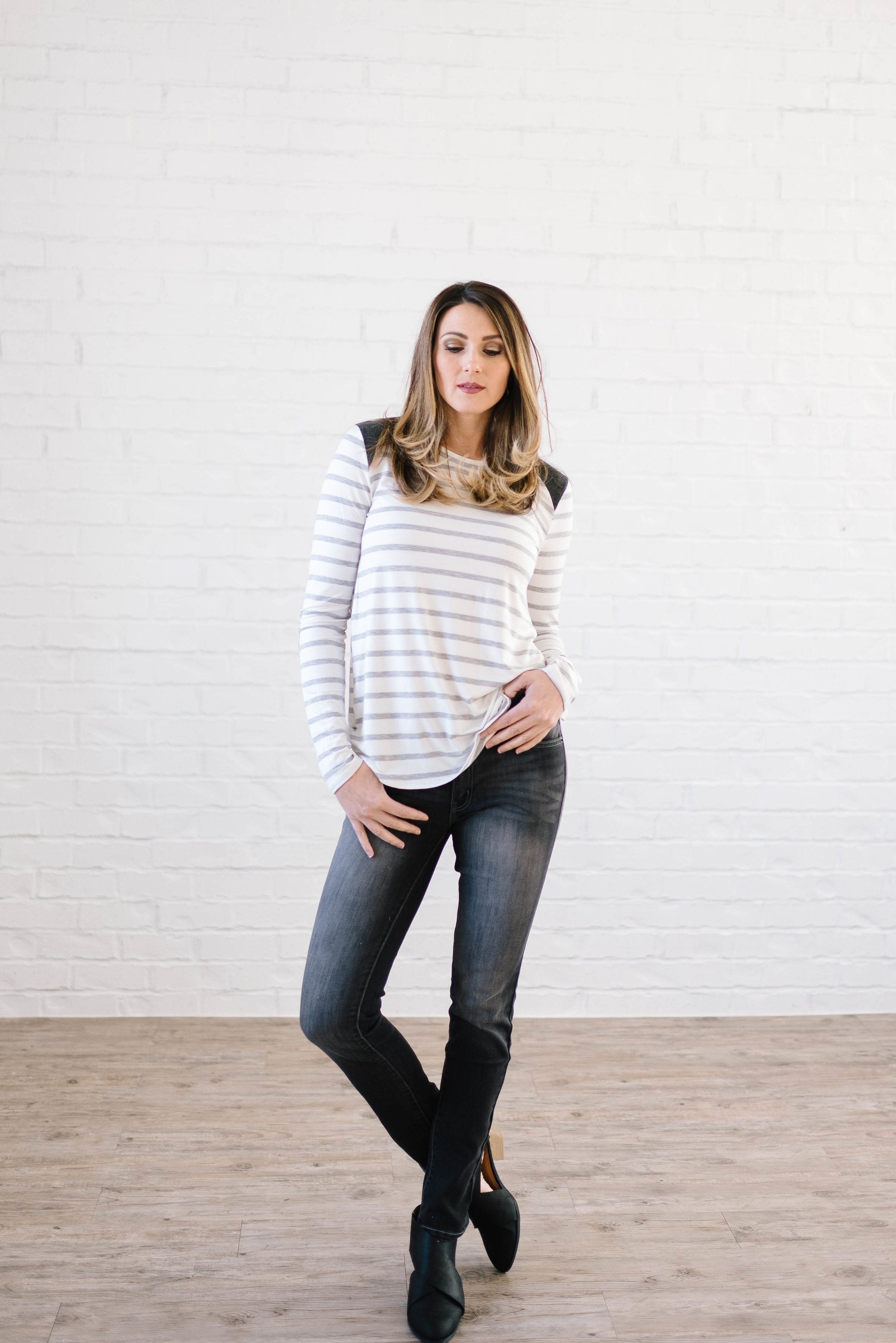 Alta Striped Long Sleeve Top in Gray & White