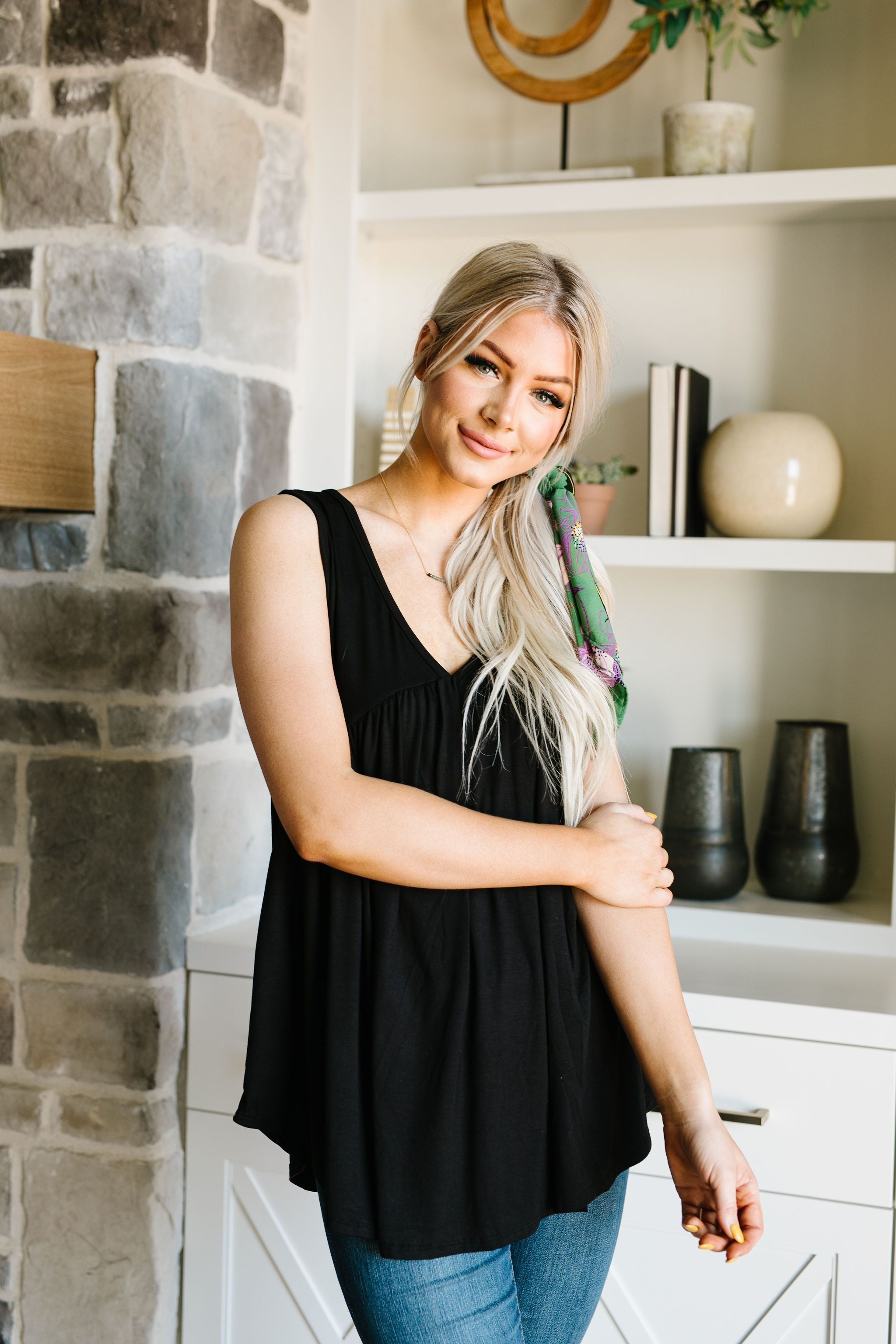 Bamboo Babydoll V-Neck Tank In Black