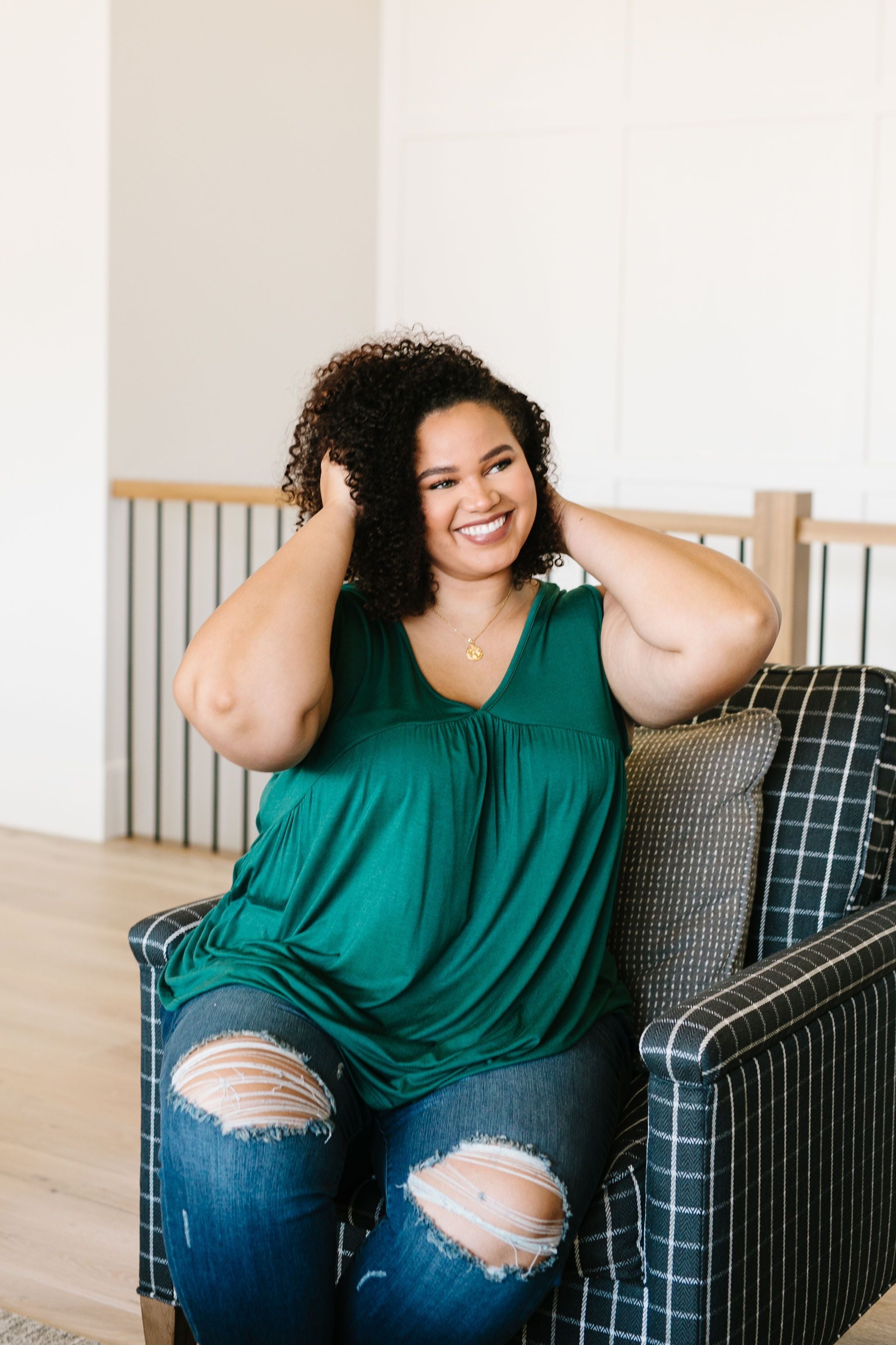 Bamboo Babydoll V-Neck Tank In Green