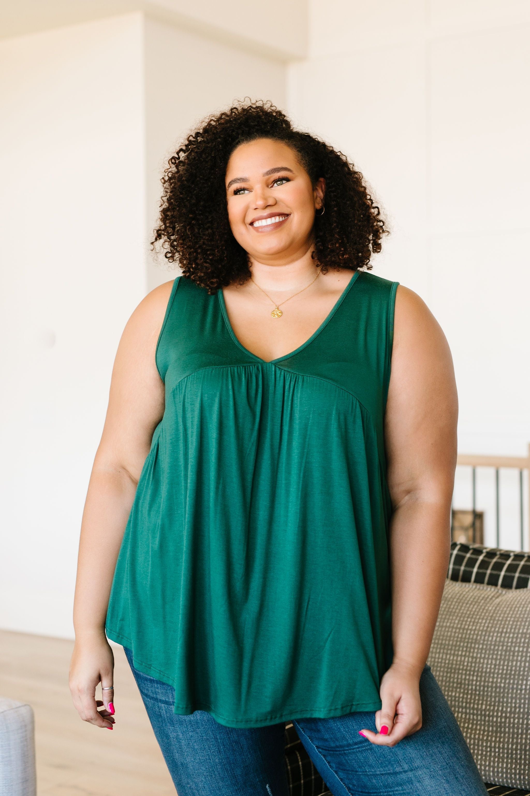 Bamboo Babydoll V-Neck Tank In Green