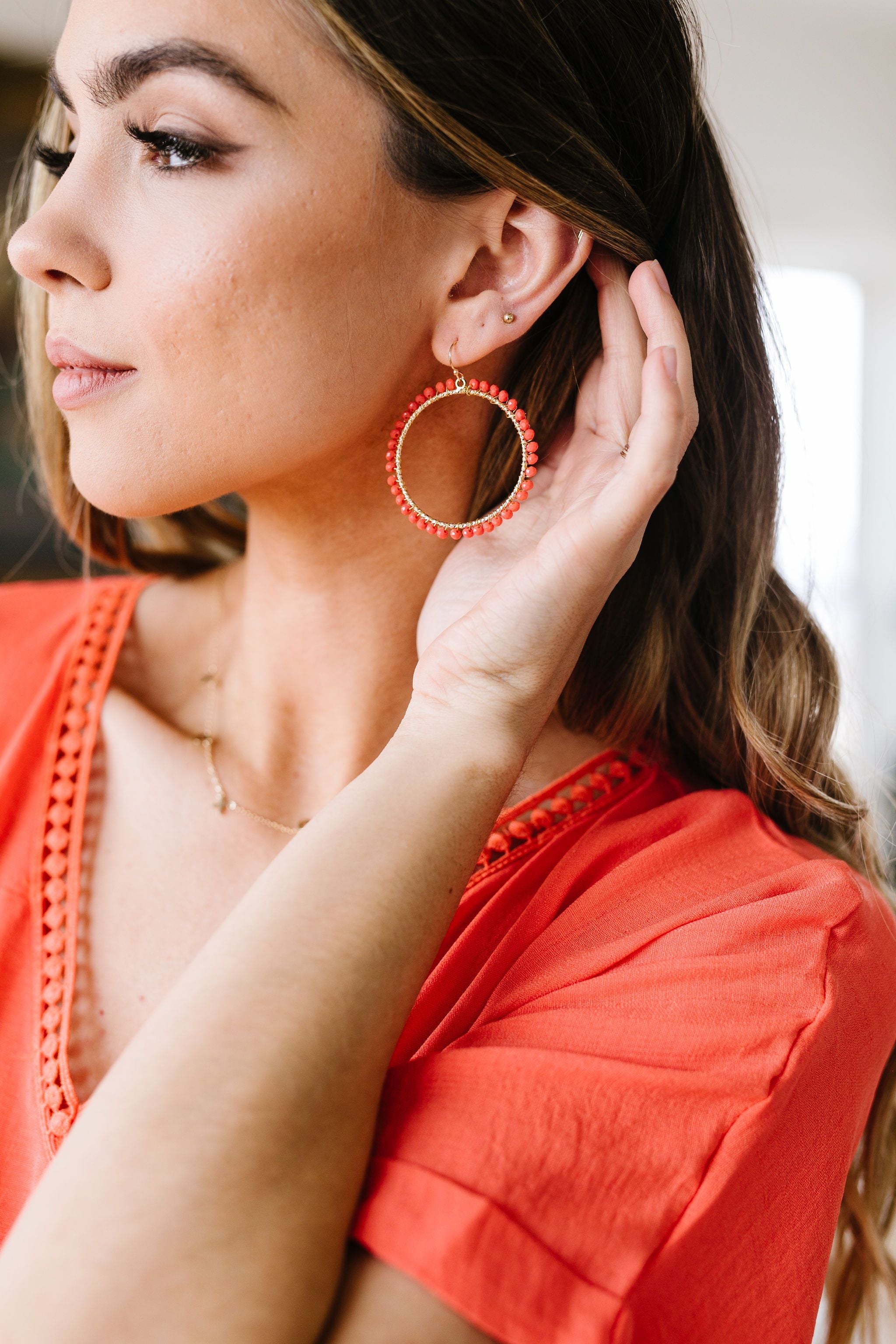 Beaded Coral Hoop Earrings