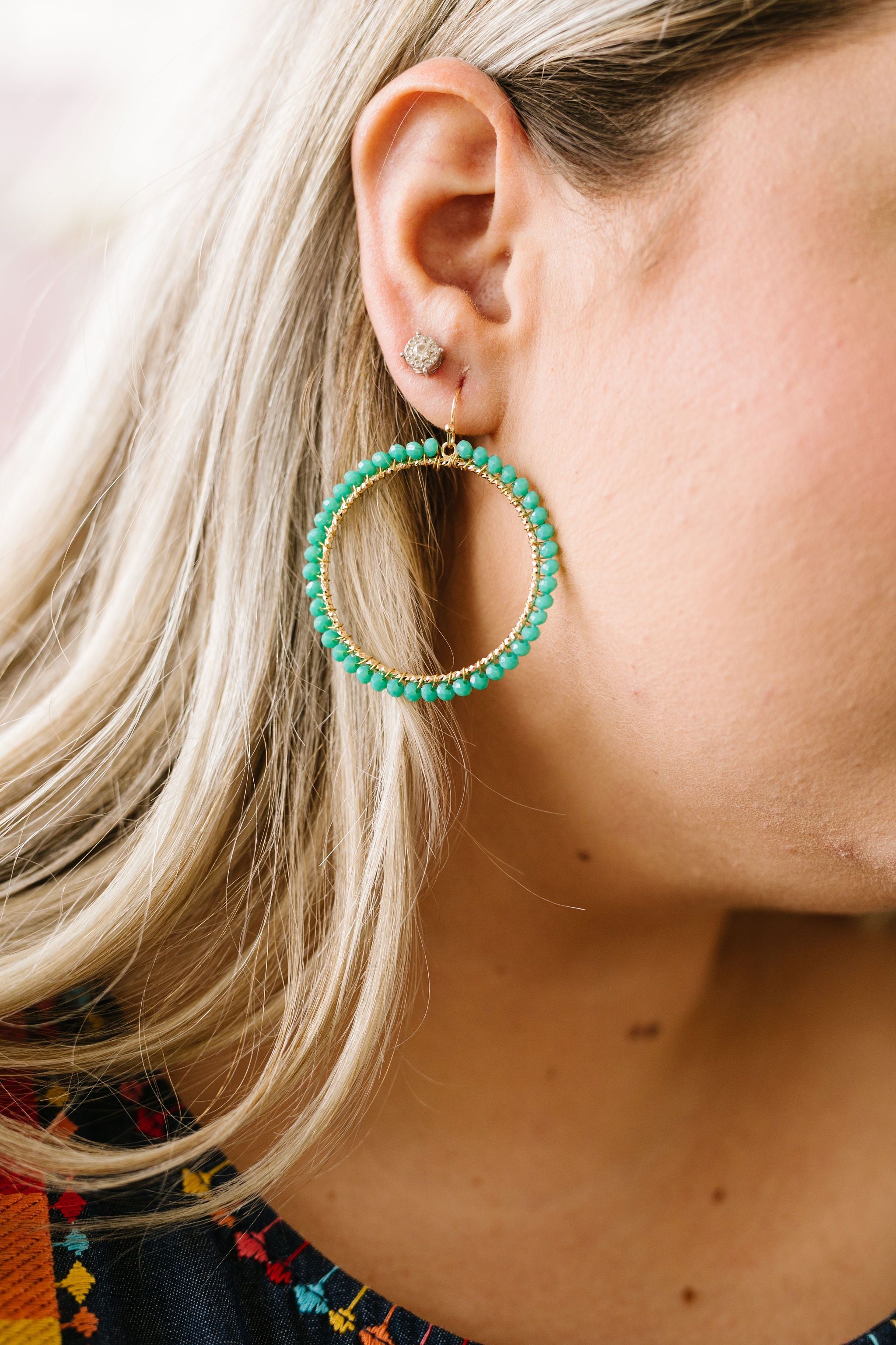 Beaded Mint Hoop Earrings