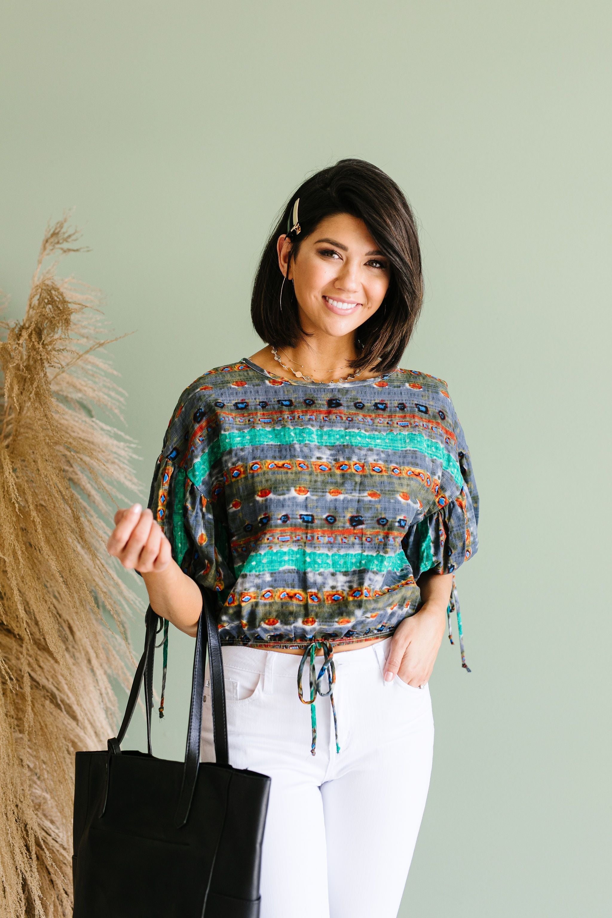 Bishop Sleeve Boho Crop Top In Green & Gray