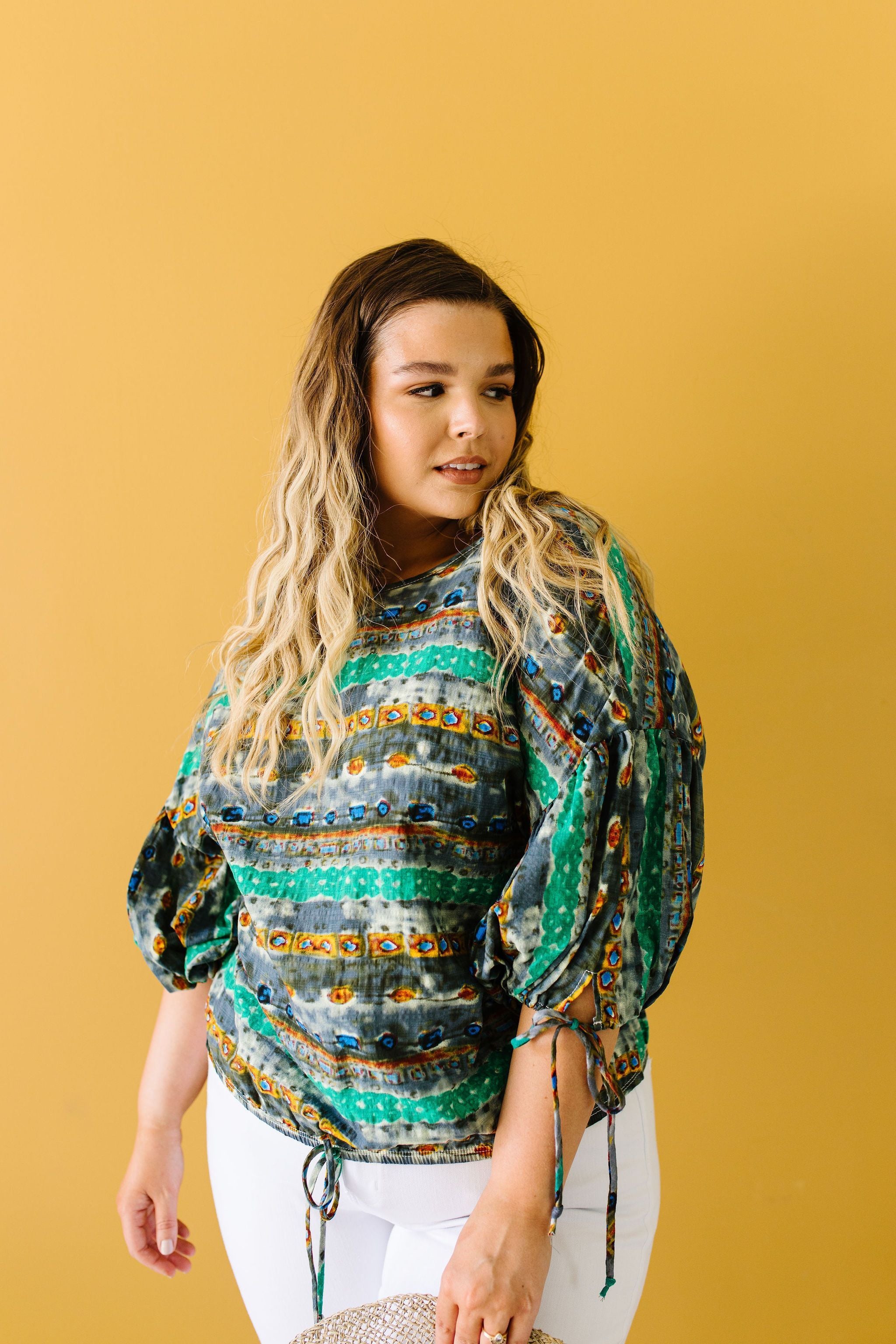 Bishop Sleeve Boho Crop Top In Green & Gray