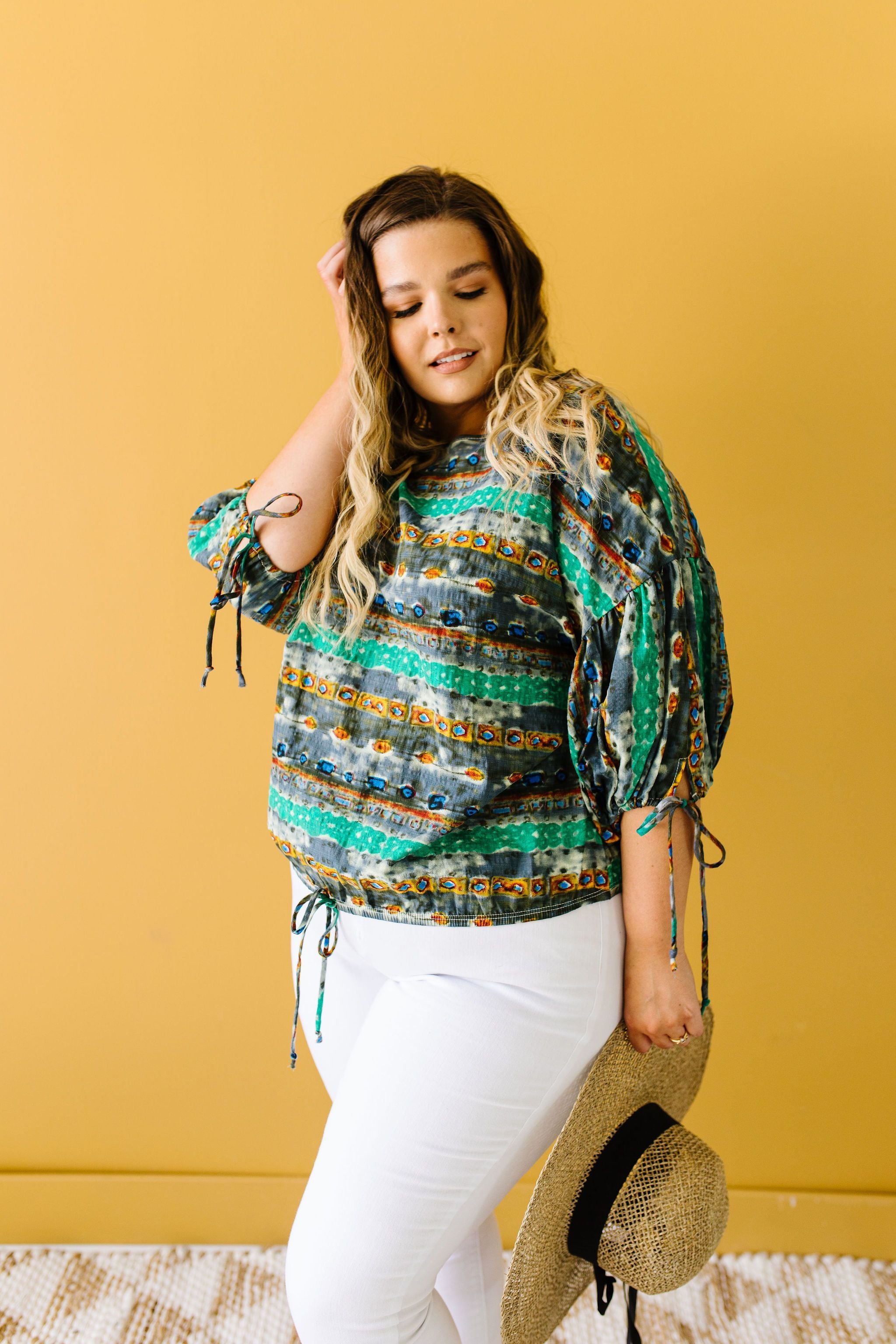 Bishop Sleeve Boho Crop Top In Green & Gray