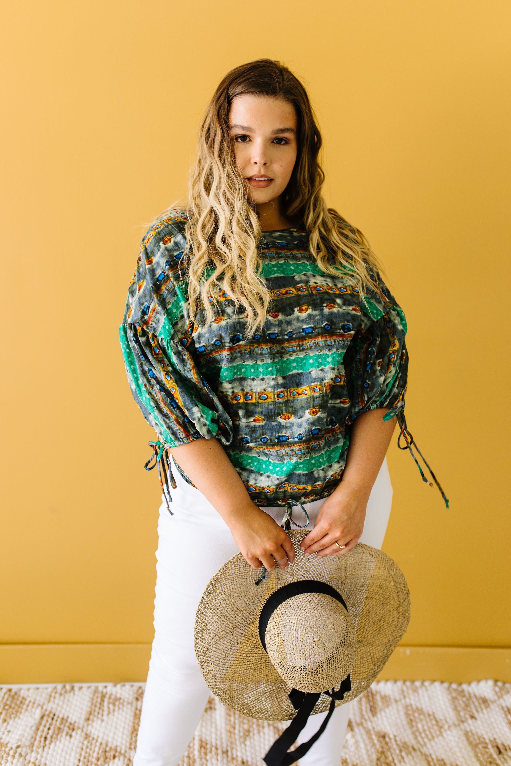 Bishop Sleeve Boho Crop Top In Green & Gray