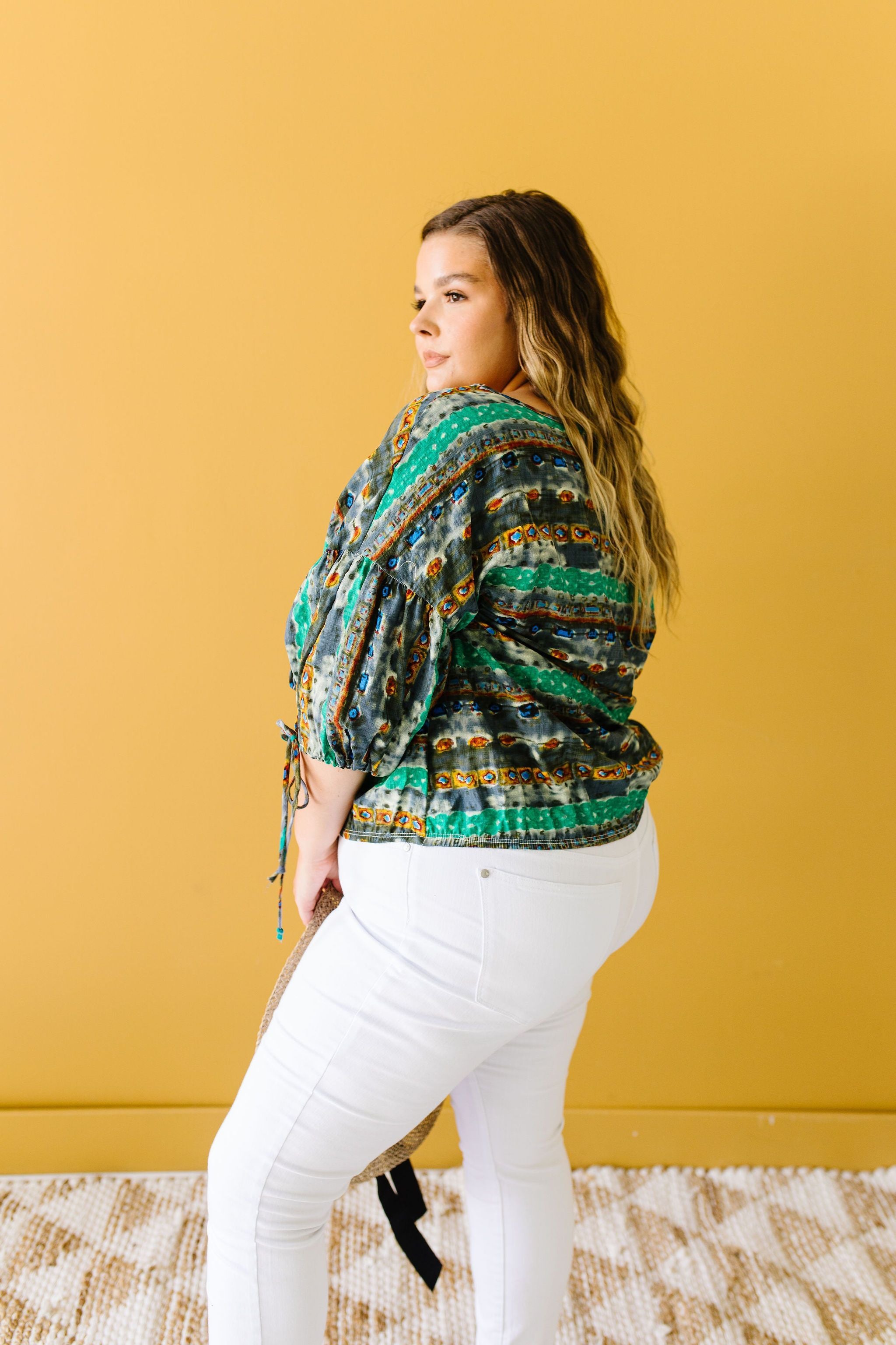 Bishop Sleeve Boho Crop Top In Green & Gray