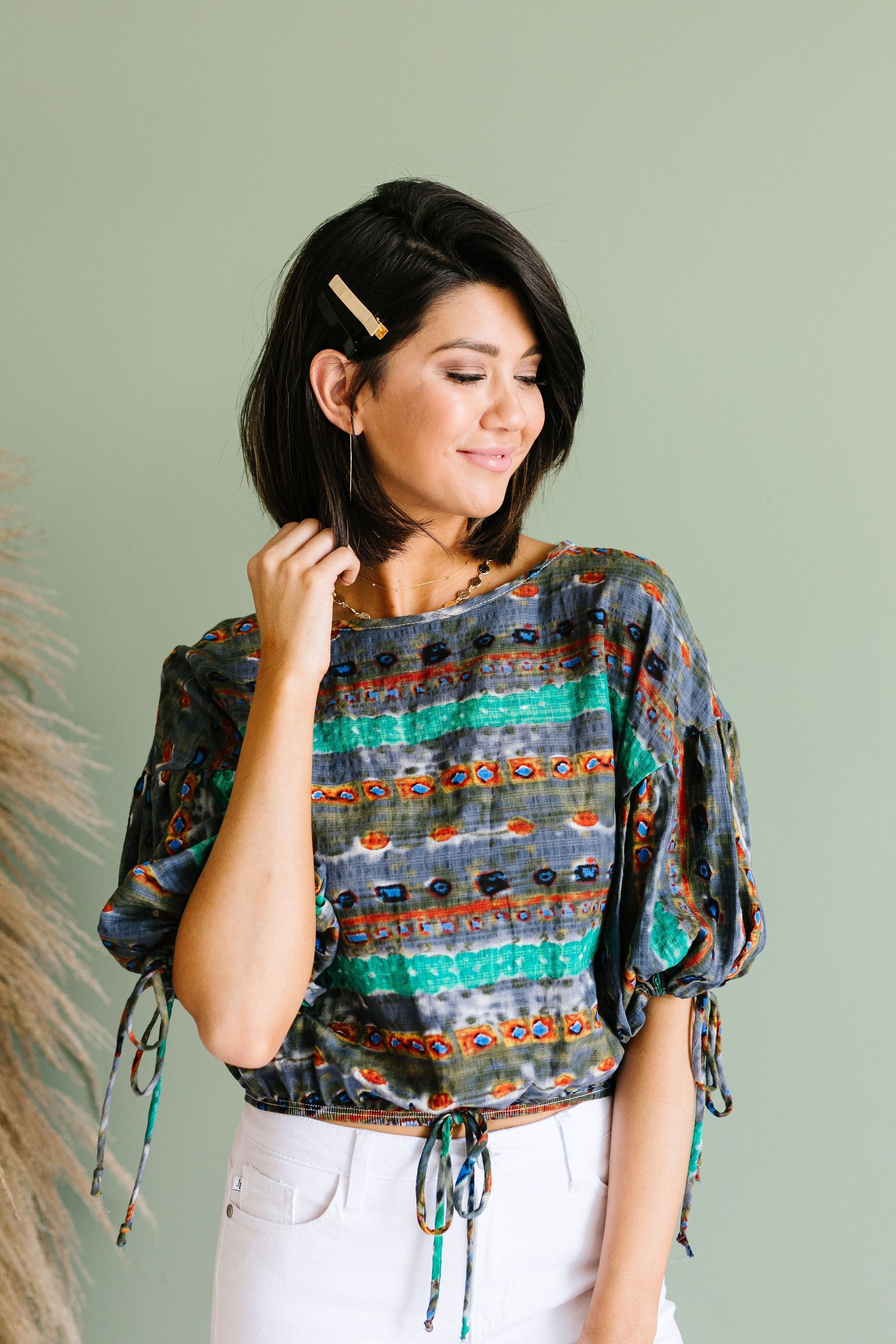 Bishop Sleeve Boho Crop Top In Green & Gray