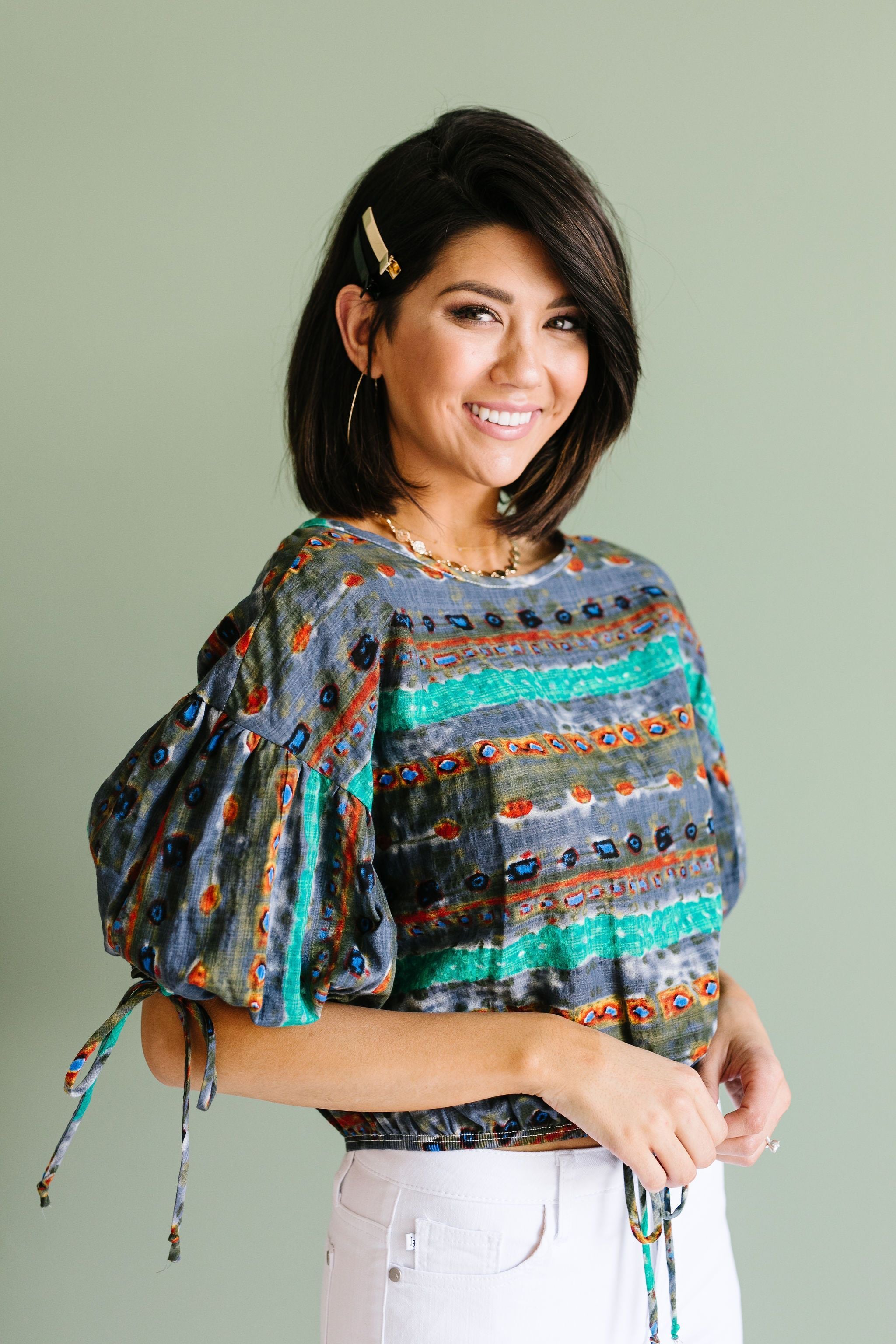 Bishop Sleeve Boho Crop Top In Green & Gray