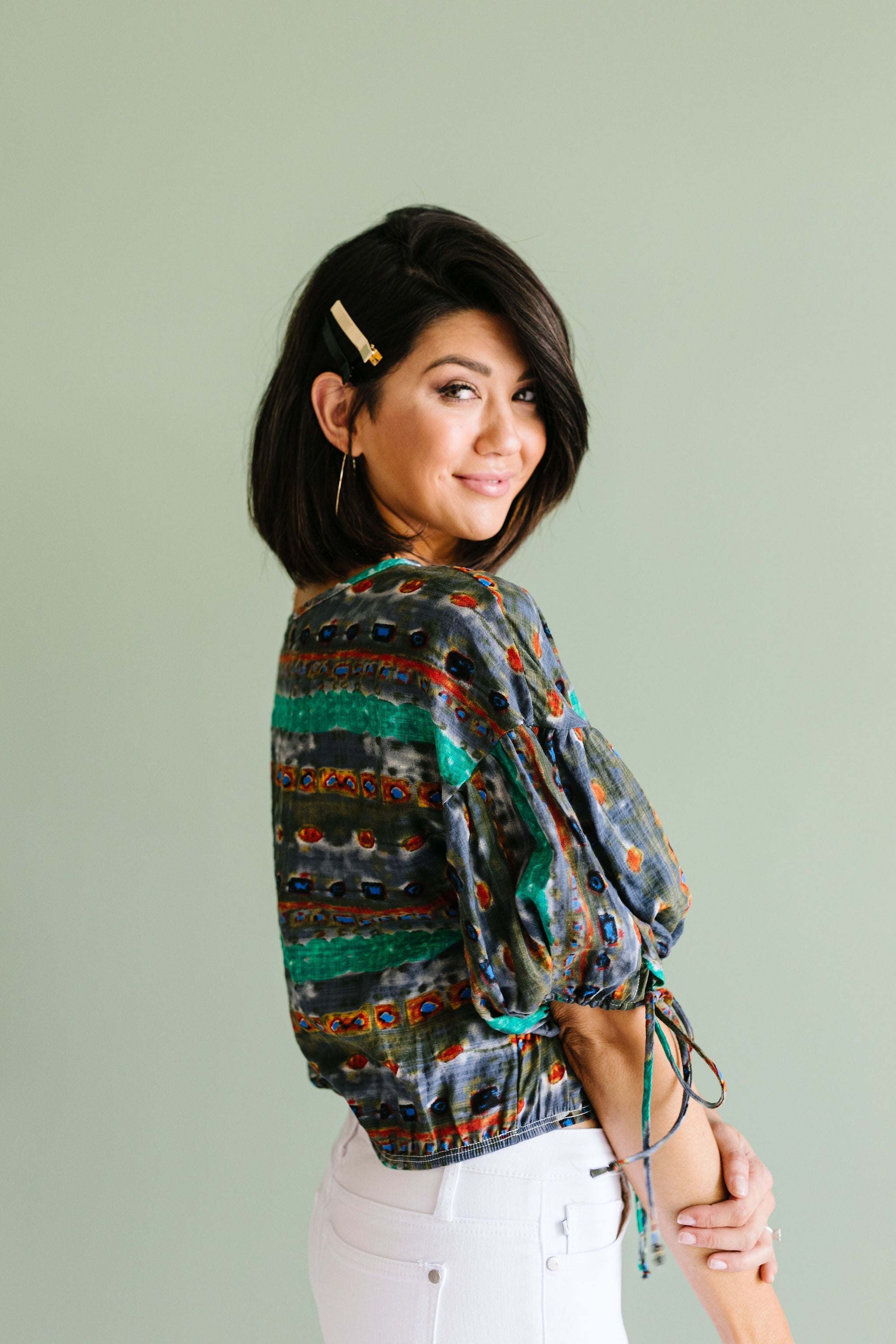 Bishop Sleeve Boho Crop Top In Green & Gray