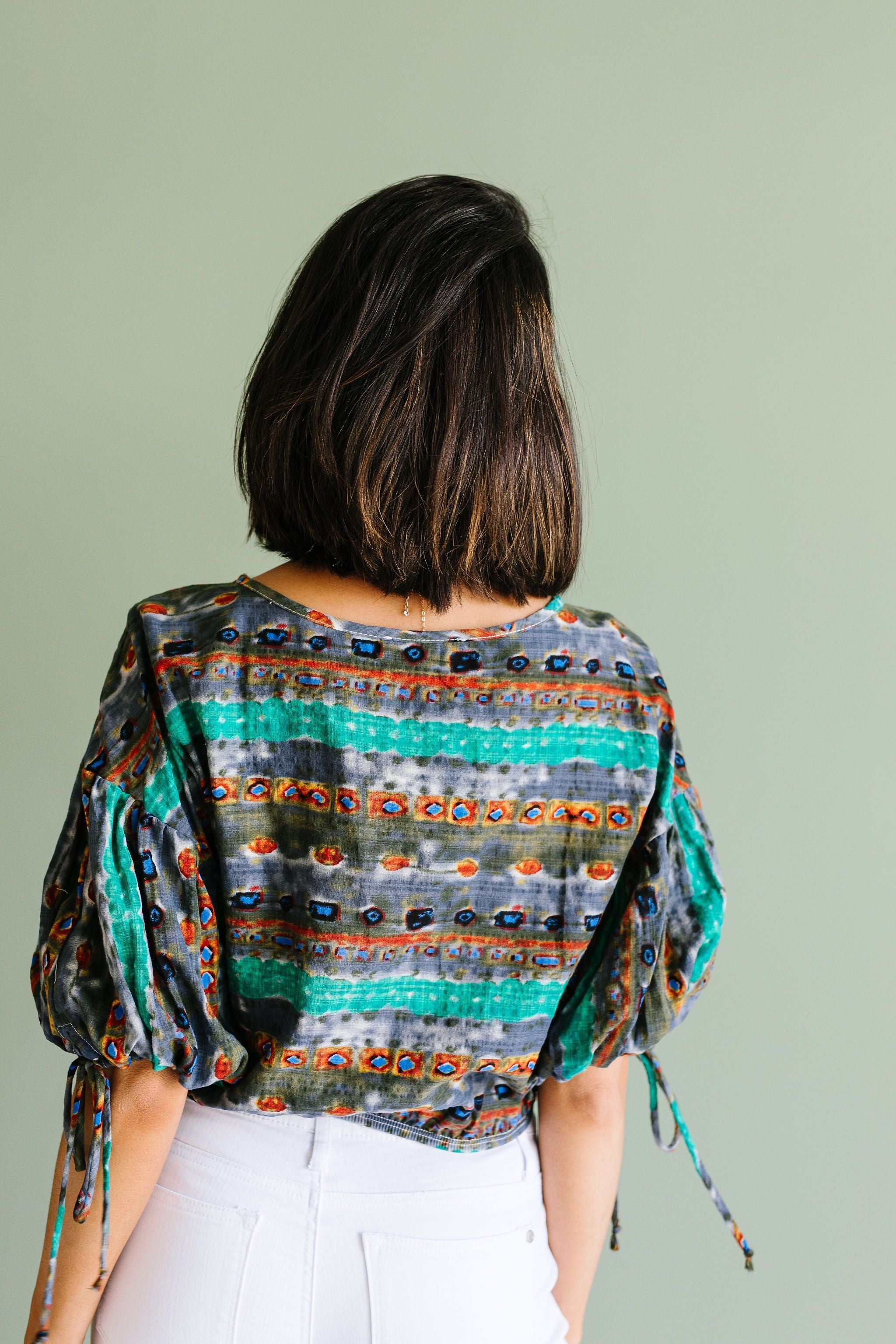 Bishop Sleeve Boho Crop Top In Green & Gray