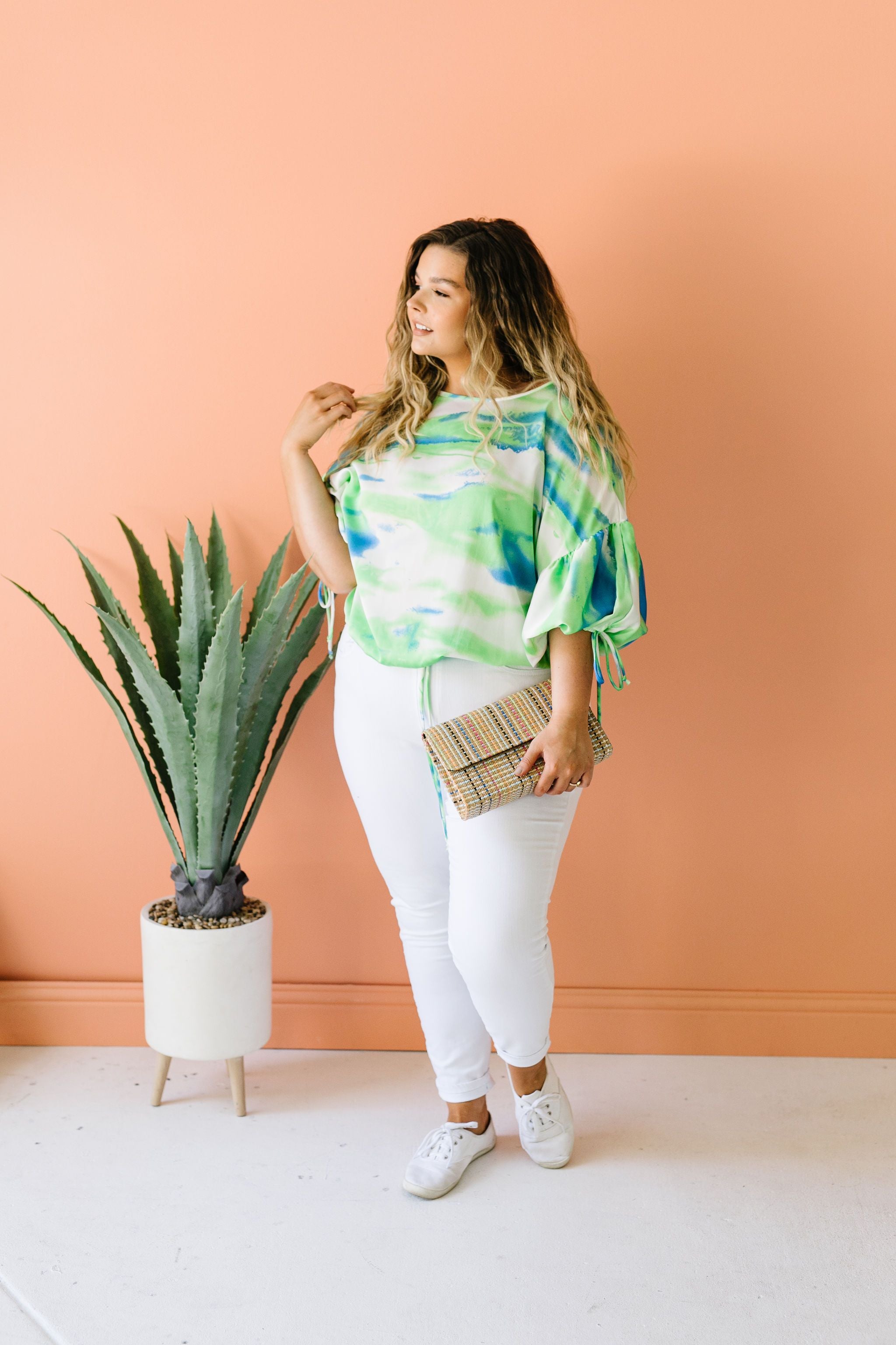 Bishop Sleeve Boho Crop Top In Turquoise & Mint