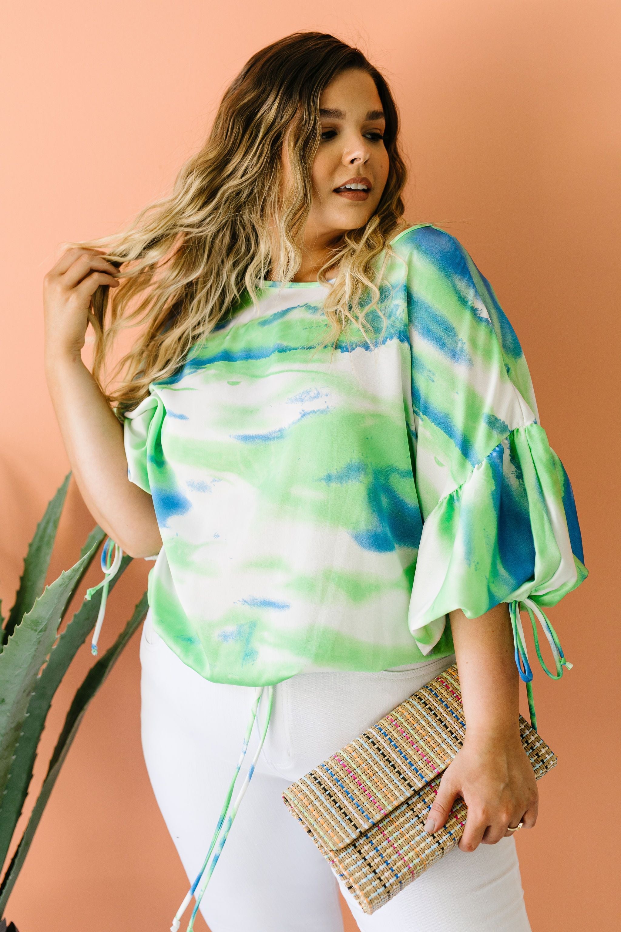 Bishop Sleeve Boho Crop Top In Turquoise & Mint