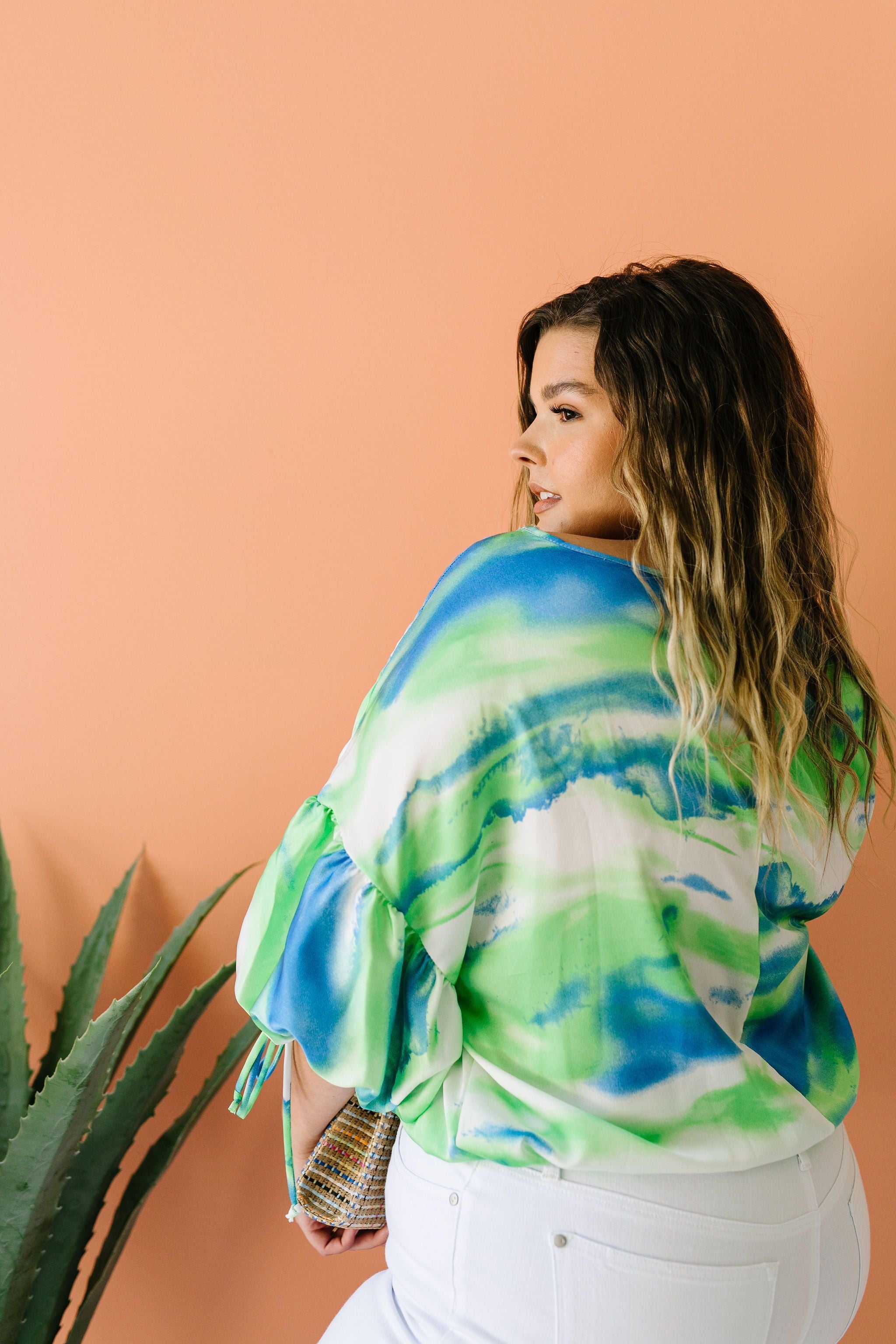 Bishop Sleeve Boho Crop Top In Turquoise & Mint