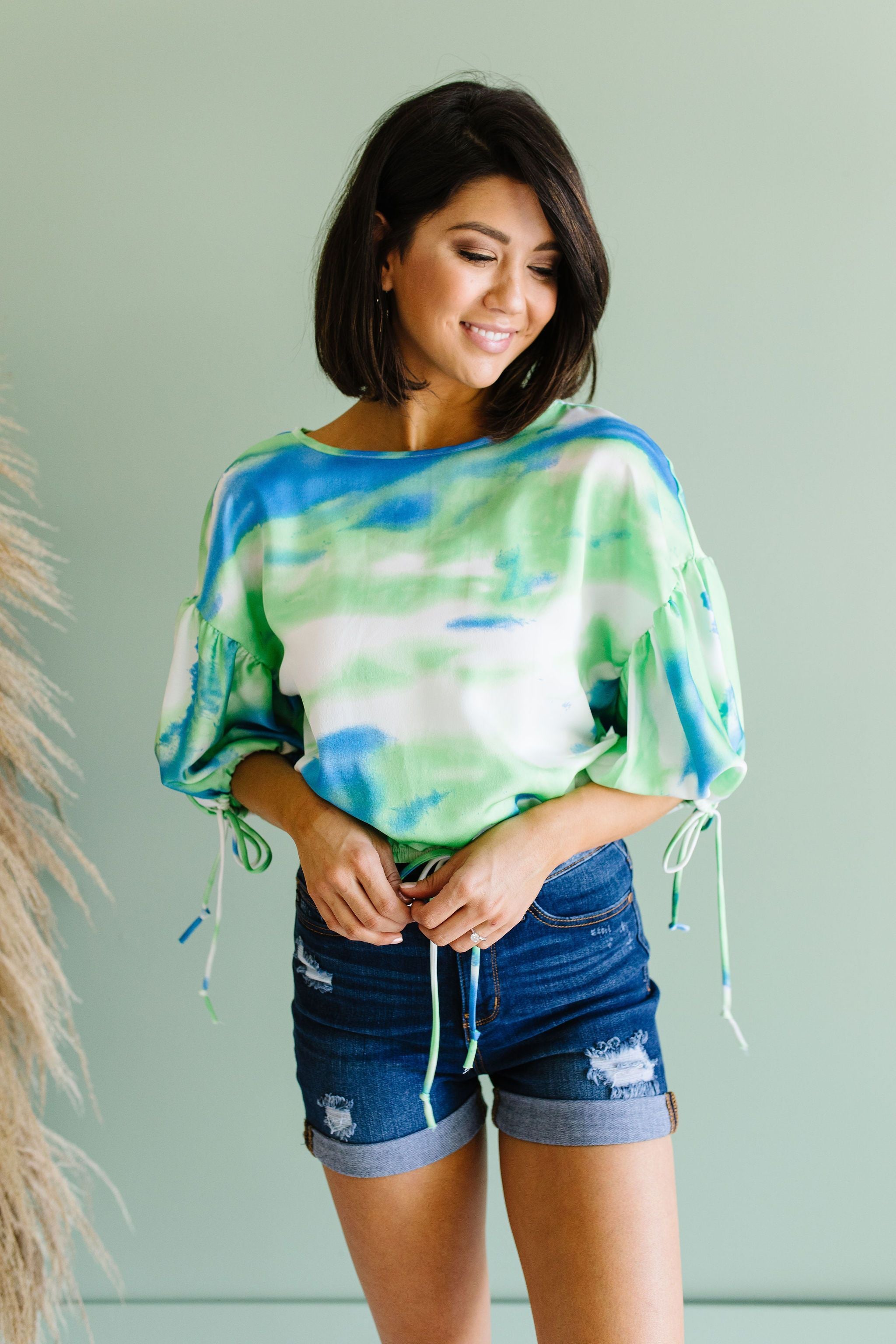 Bishop Sleeve Boho Crop Top In Turquoise & Mint