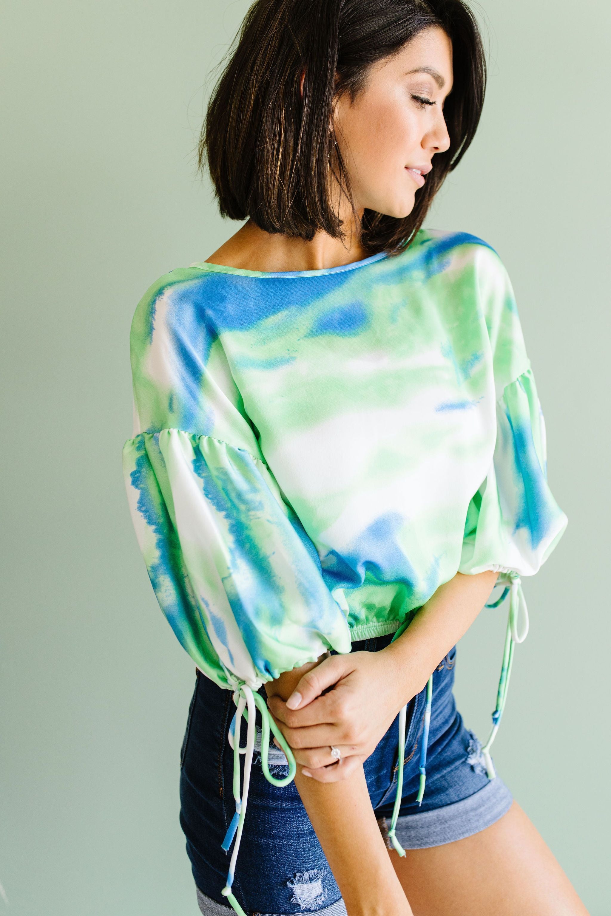 Bishop Sleeve Boho Crop Top In Turquoise & Mint