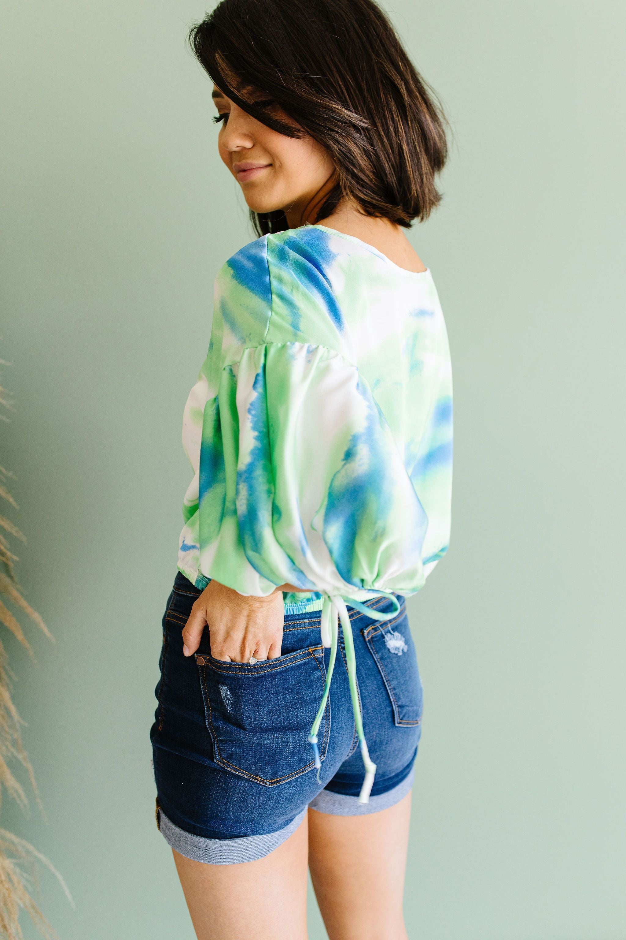 Bishop Sleeve Boho Crop Top In Turquoise & Mint