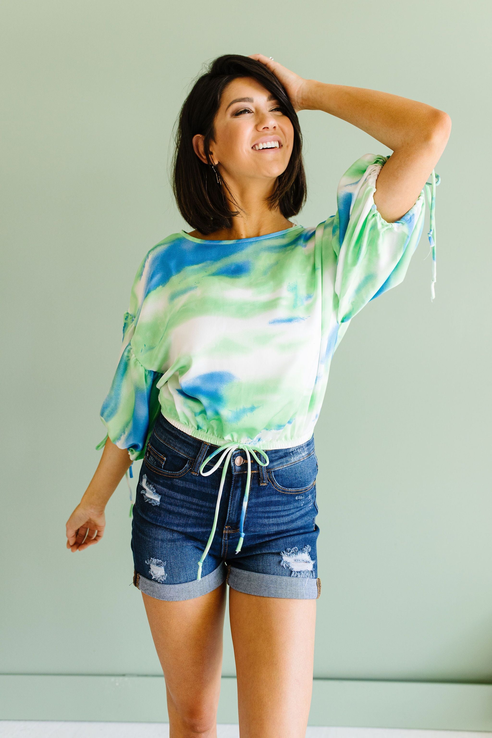 Bishop Sleeve Boho Crop Top In Turquoise & Mint