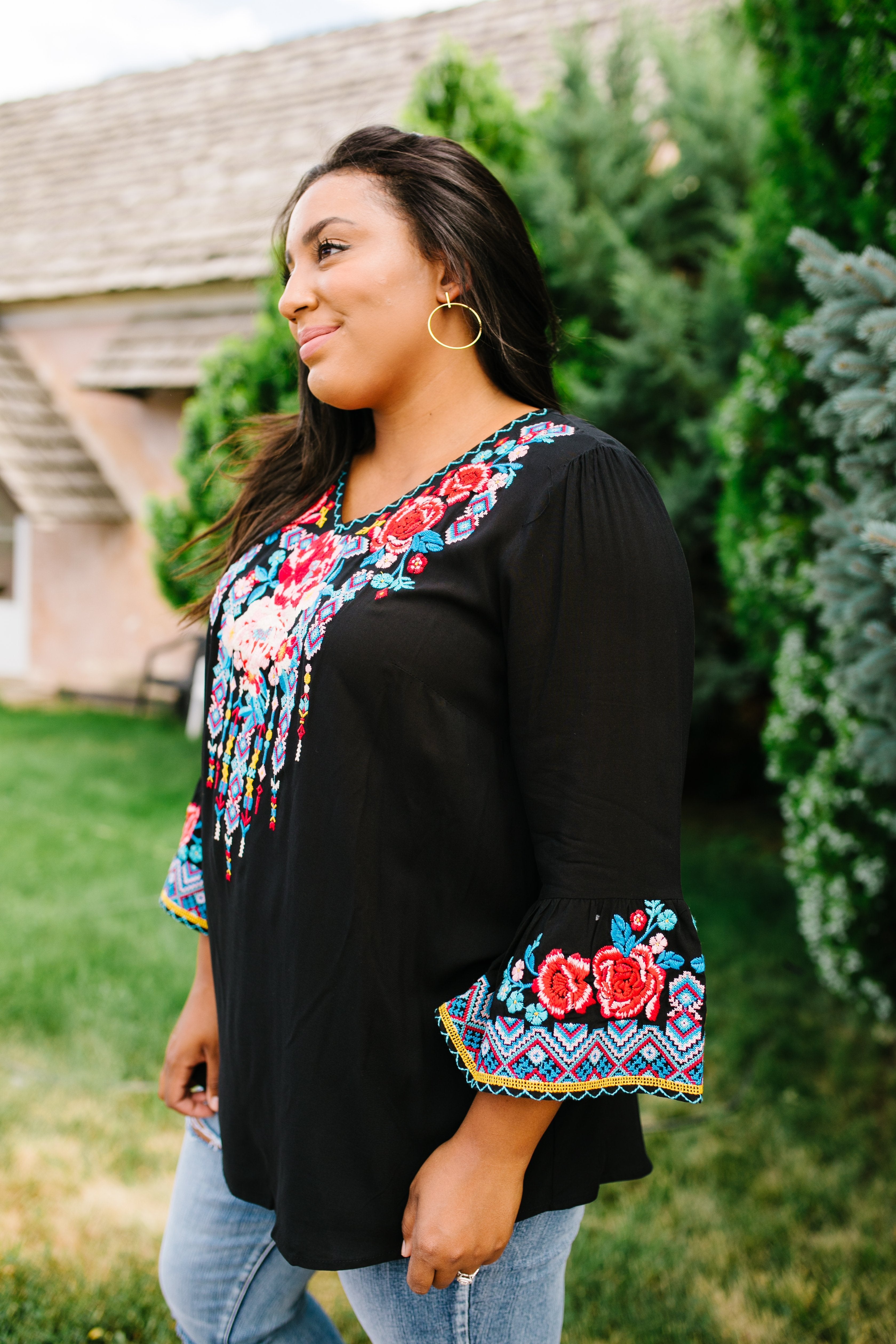 Black Boho Embroidered Blouse